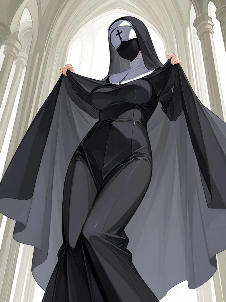 (masterpiece), score_9, score_8_up,, dominant, white hair,long hair,gorgeous,full body stocking,huge breasr,nun,cape,latex bodysuit,front view,