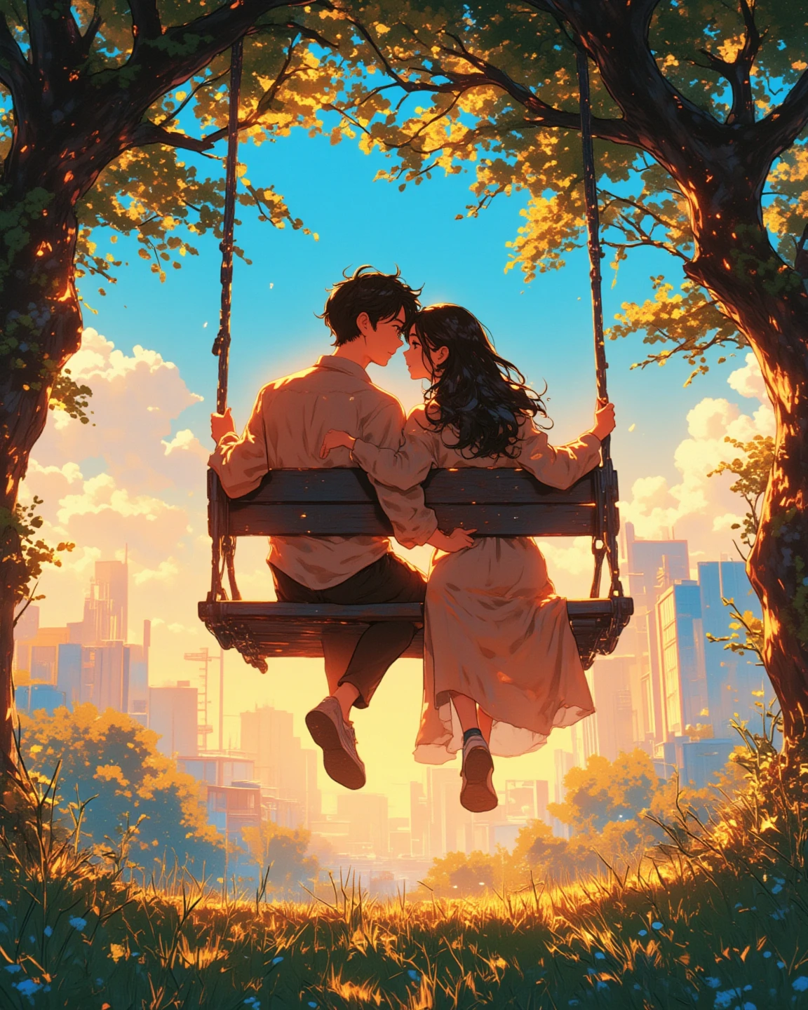 A man sitting on a swing and holding a woman in his arms