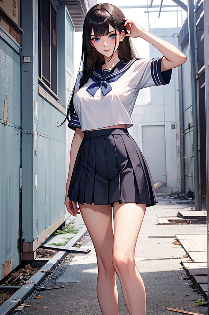very cute and beautiful girl,(highly detailed beautiful face and eyes:1.2),
(smile:1.2),black hair,sailor school uniform,pleated navy blue mini skirt,from below,white panties,
summer,school rooftop,building,chain-link fence,
(best quality,masterpiece:1.2),intricate details,extremely detailed,highres,solo,cinematic lighting,
