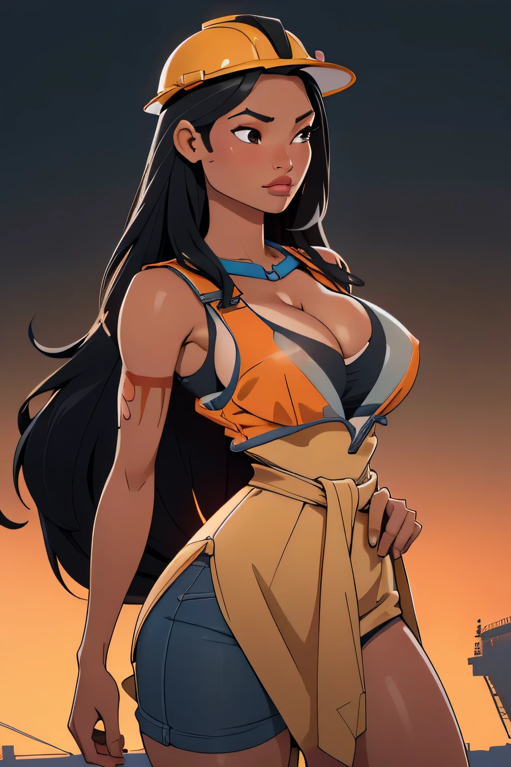 1girl in, 18, Pocahontas Waifu, photo of perfect woman, miniature ferry, Solo, Aesthetic artwork, (long hair, very long straight black hair:1.25), (clear skin, tanned skin, large breasts, DD-cup, runners body, very thin waist, skinny, petite, detailed skin texture), (cleavage, focus on breasts:1.2), (she is wearing a reflective orange safety work vest, yellow hard hat, Cleavage), construction site, Heavy equipment, steel beams, (extremely detailed 8k wallpaper), soft lighting, high quality, film grain, Fujifilm XT3 sharp focus, f 5.6, 50mm, High Detail, Sharp focus, (natural light), crazy details, complex details, hyper detailed. (cowboy photo:1.2), light particles, sfw