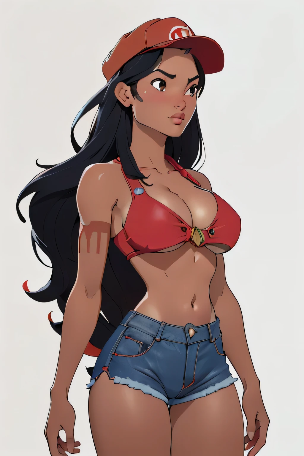 1girl in, 18, Pocahontas Waifu, photo of perfect woman, miniature ferry, Solo, Aesthetic artwork, (long hair, very long straight black hair:1.25), (clear skin, tanned skin, large breasts, DD-cup, runners body, very thin waist, skinny, petite, detailed skin texture), (cleavage, focus on breasts:1.2), ((blank background, plain background, blank wall, (wearing an red bikini top, red bikini with gold buttons, blue denim short shorts, blue daisy dukes, red painters cap, female super Mario, gender swap Mario cosplay), (extremely detailed 8k wallpaper), soft lighting, high quality, film grain, Fujifilm XT3 sharp focus, f 5.6, 50mm, High Detail, Sharp focus, (natural light), crazy details, complex details, hyper detailed. (cowboy photo:1.2), light particles, sfw