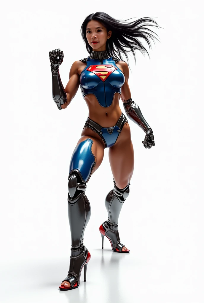 Incredibly strong muscular woman, Fire effect super long hair dragged on the ground, Exquisite and perfect facial features, Huge size, Broad muscular shoulders, huge boob, Protruding abdominal muscles, Especially the huge buttocks, Super thick muscle legs, Two-meter-long legs, Wide crotch,Exaggerated body proportions, Cool combat boots, The rump bears nine long dragon tails, Gorgeous high heels,Bare skin clothing, Full body photo from head to toe, Light particles, Ultra HD 4K, Ultra-detailed, Realistic:1.37, Vivid colors, Studio lighting, Physically-based rendering, Extreme detail description