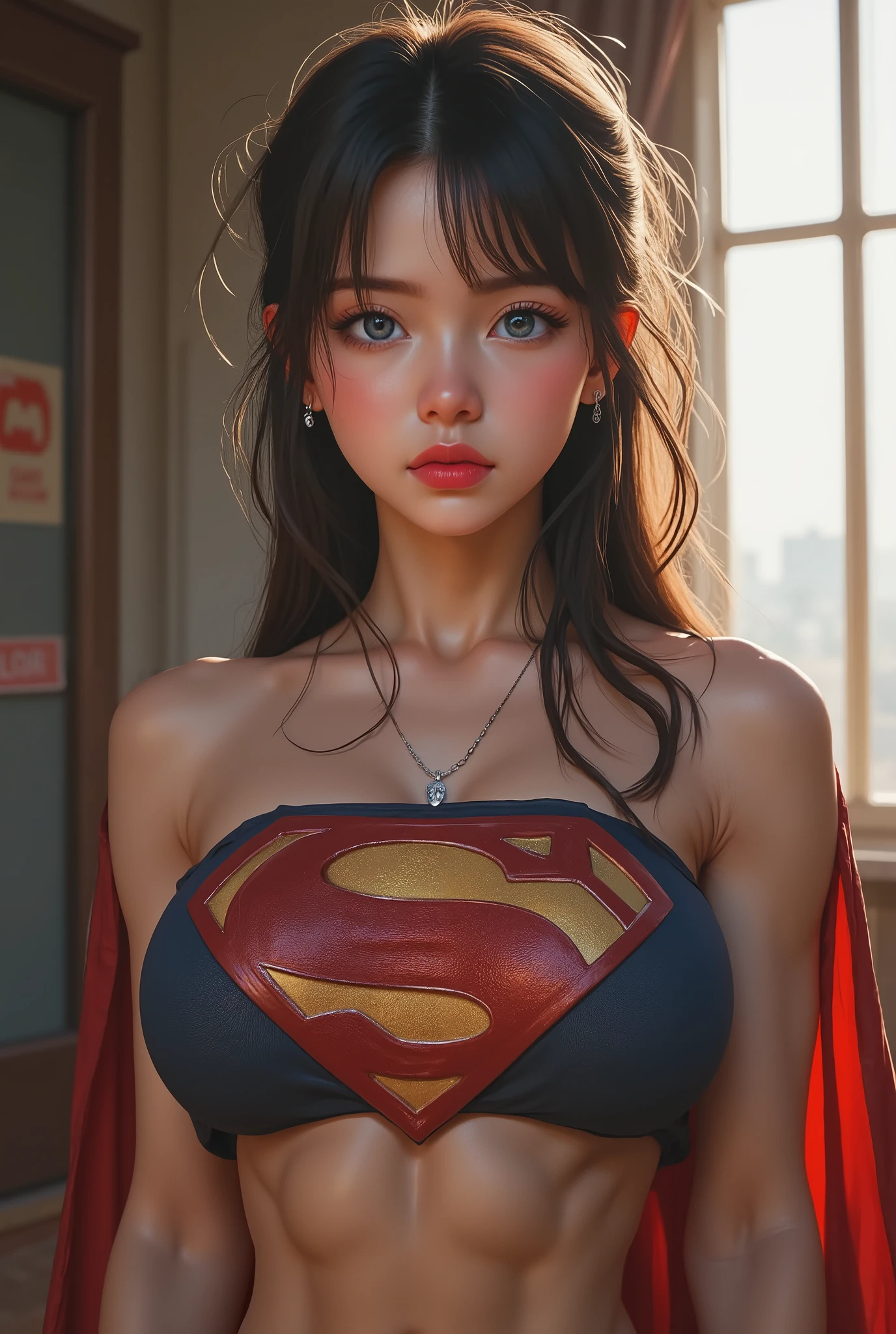A VDERY SEXY ASIAN FEMALE AS SUPERMAN.(STARING AT THE VIEWER, INTRICATE DETAILS, INTICATE TEXTURES, PROESSIONAL 4K PHOTOGRAPHY. PHOTO REALISM, ABSOLUTELY SEXY. LARGE "S" EMBLEM. SHE IS NOW A SEXY FEMALE SUPERMAN COUNTER PART).