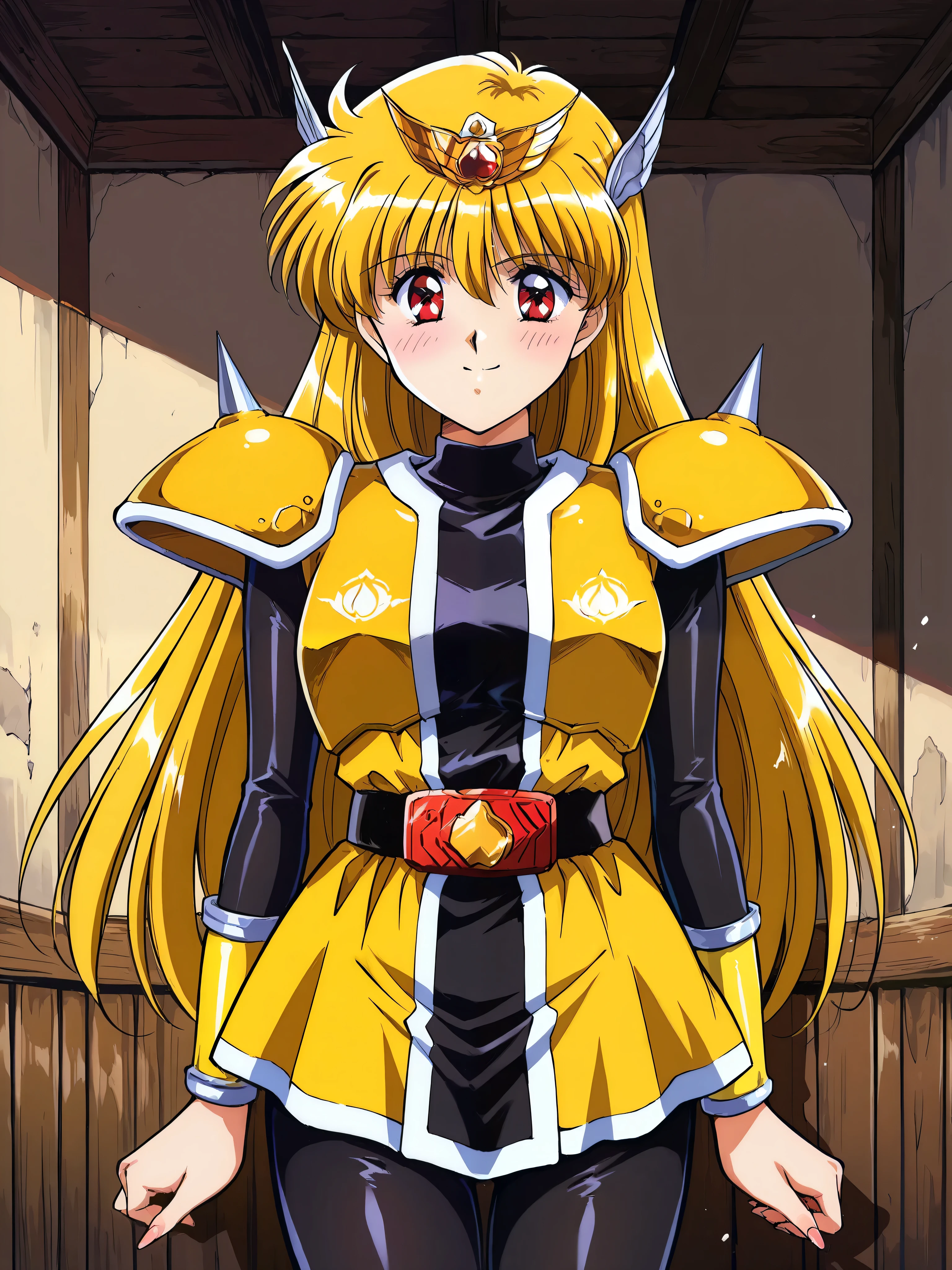 absurd, (absurd_resolution), masterpiece, best quality, (best illustration), (best shadow), ultra-High resolution, score_9, score_8_up, score_7_up, BREAK source_anime, 1girl, solo, perfect body, shiny skin, shiny skin, perfect eyes, detail1eye, well-defined fingers, well-defined fingernails, anime style, indoors, upper body, (portrait:1.5), looking at viewer, facing viewer, smile, blush, magical_princess, akazukin chacha, 1girl, red eyes, blonde hair, long hair, very long hair, bangs, hair between eyes, hair ornament, wing hair ornament, jewelry, Onisister, belt, tokusatsu, spikes, armor, bodysuit, miniskirt, black pants,