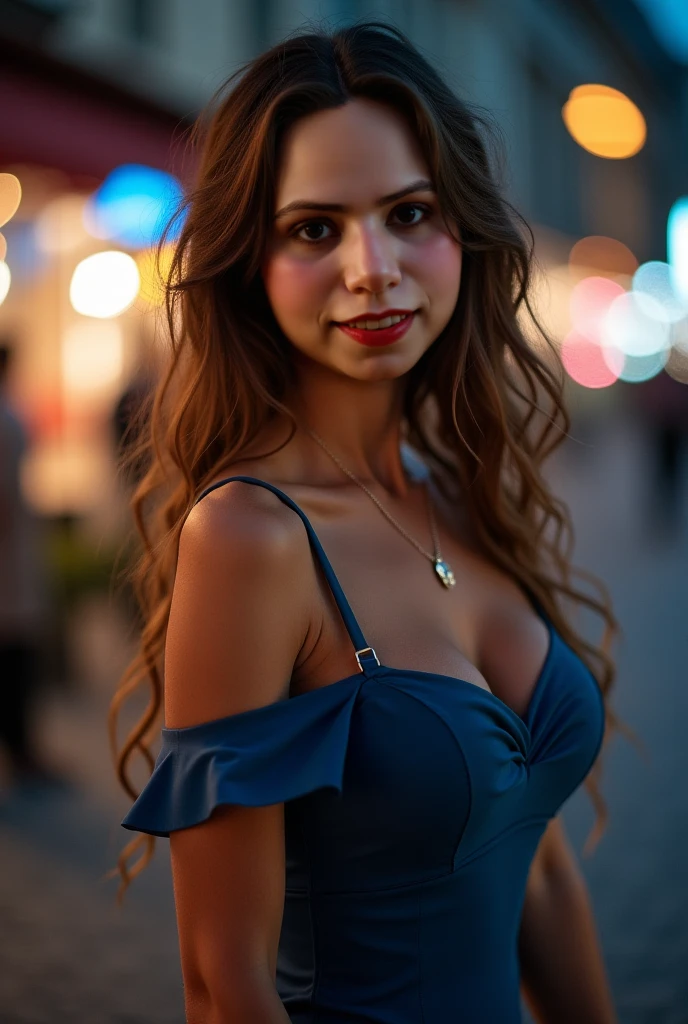 Lily Bowman), posing, modeling full body, with dark purple casual outfit design, sexy smile, best quality, blur night background with Green Eyes, , Ultra Realistic, Meticulously Detailed, Portrait, Blonde Hair and Big Eyes, Selfie of a Young Woman, Green Eyes, No Makeup, Natural Makeup, Looking Directly at the Camera, face artgram, subtle make-up, Impressive photo, stand, with sexy smile, Medium and large size chest, allowing the face to be seen clearly, night