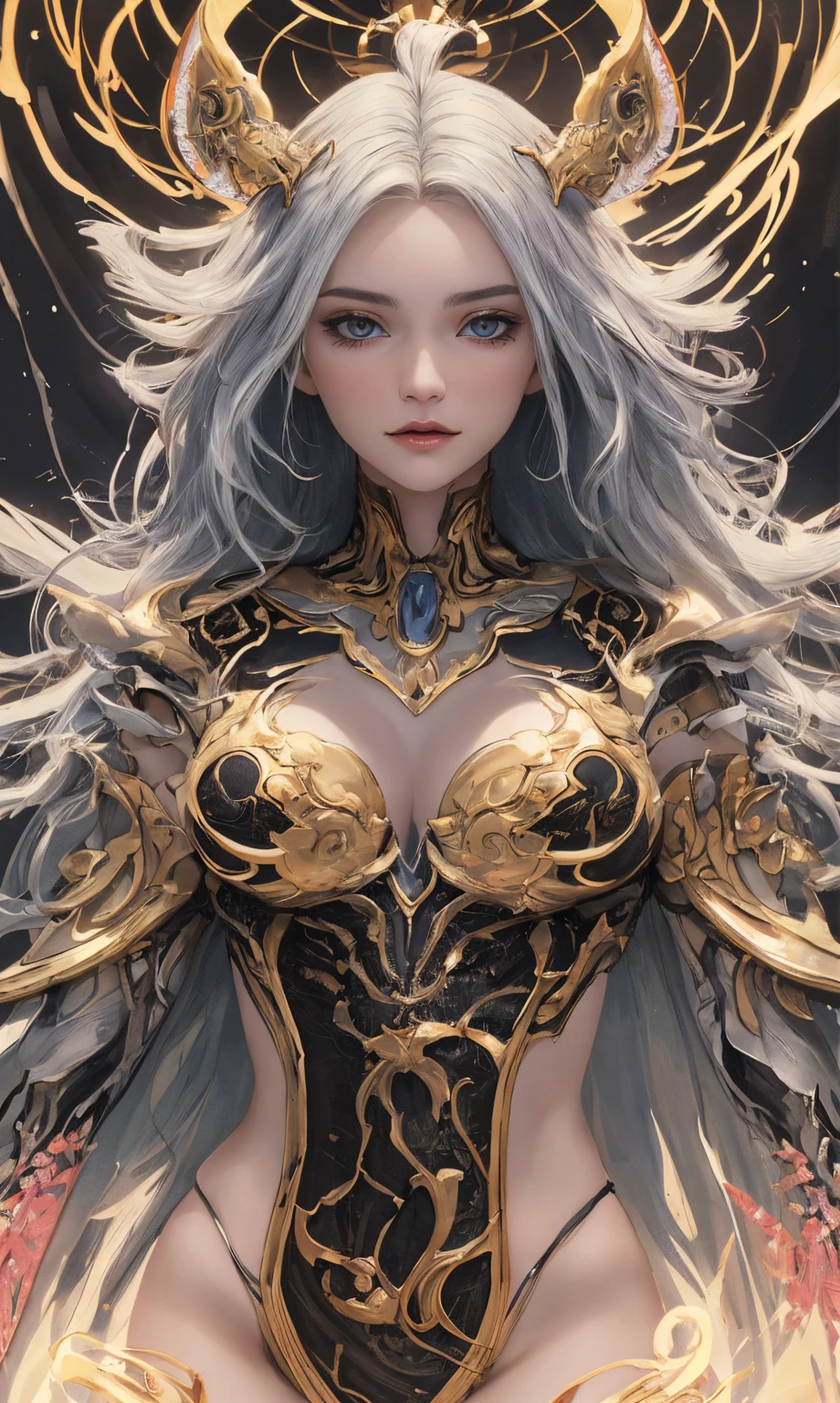 blond woman with blue eyes and long white hair in a gold dress, karol bak uhd, epic exquisite character art, detailed fantasy art, intricate wlop, 2. 5 d cgi anime fantasy artwork, beautiful and elegant elf queen, anime fantasy artwork, artgerm on artstation pixiv, detailed fantasy digital art, goddess. extremely high detail