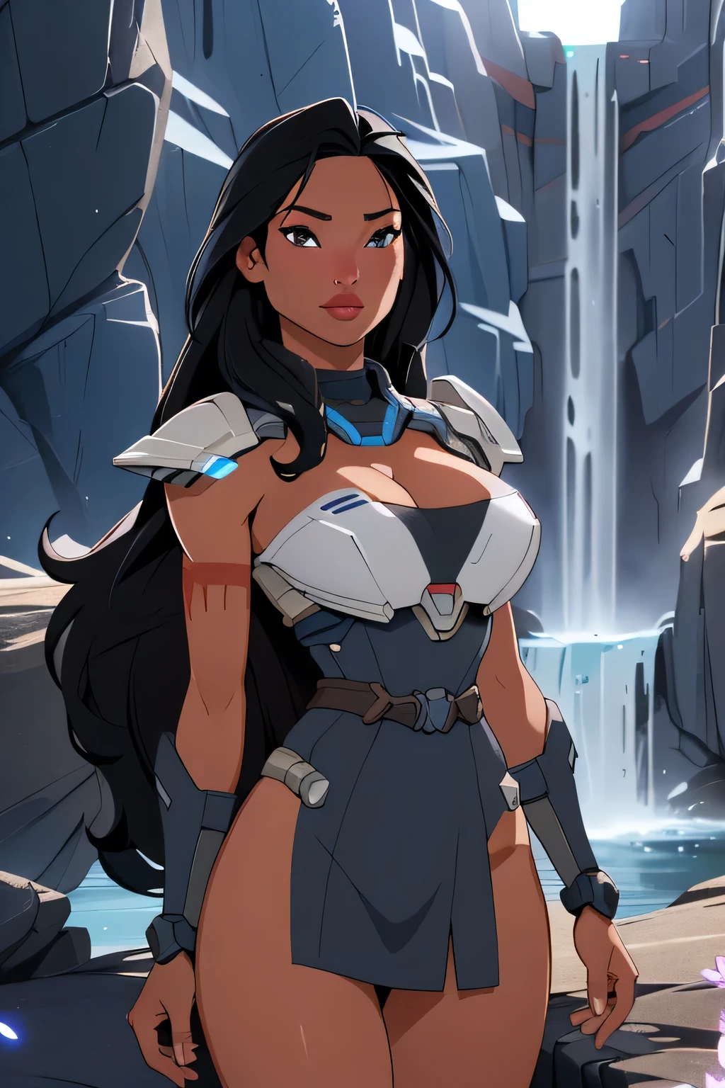 1girl in, 18, Pocahontas Waifu, photo of perfect woman, miniature ferry, Solo, Aesthetic artwork, (long hair, very long straight black hair:1.25), (clear skin, tanned skin, large breasts, DD-cup, runners body, very thin waist, skinny, petite, detailed skin texture), (cleavage, focus on breasts:1.2), (she wears Andromeda initiative armor, full armor from Mass effect, Mass effect armor, Cora Harper cosplay: 1.22), (detailed starfield background:1.1), valley, overlooking waterfall, (extremely detailed 8k wallpaper), soft lighting, high quality, film grain, Fujifilm XT3 sharp focus, f 5.6, 50mm, High Detail, Sharp focus, (natural light), crazy details, complex details, hyper detailed. (cowboy photo:1.2), light particles, sfw
