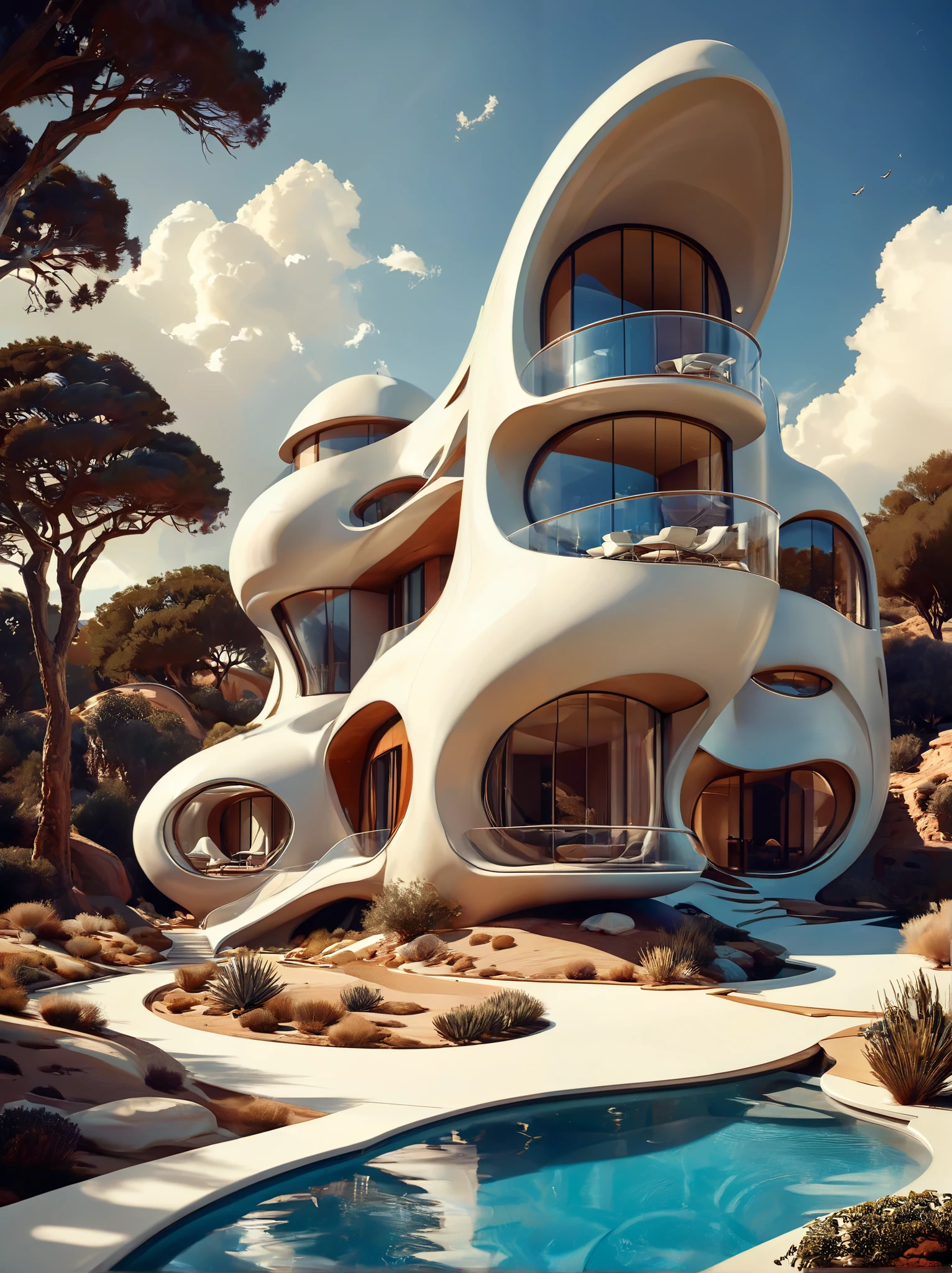 architectural study concept for futuristic homes incorporating organic fluidity rounded and geometric forms in harmony using artistic imaginitive license for a rendered house and landscape, 