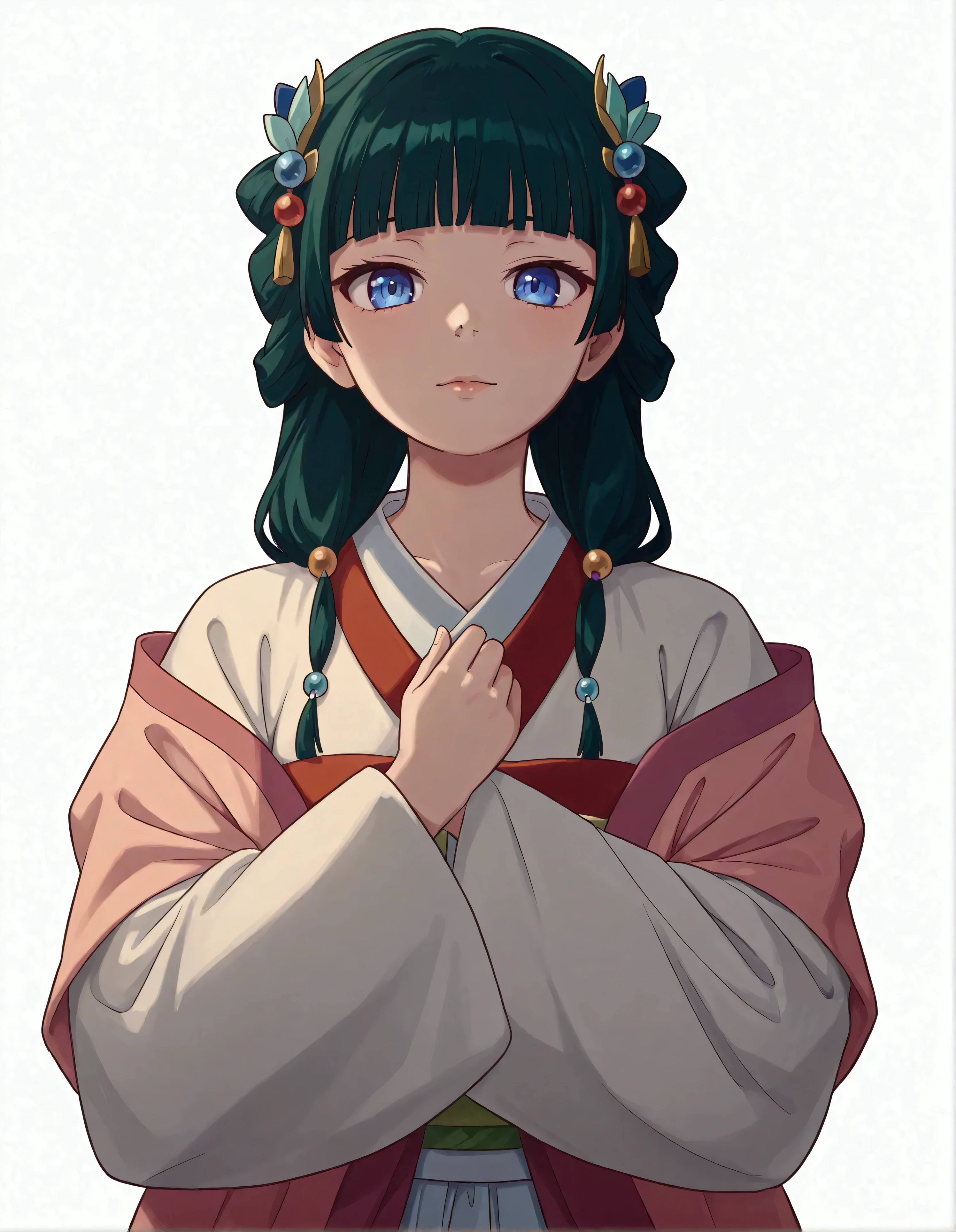 anime girl with blue eyes and green hair in a kimono outfit, anime girl with teal hair, maomao, long hair, bangs, blue eyes, hair ornament, green hair, blunt bangs, japanese clothes, robe, long sleeves, wide sleeves, light smiling, looking at viewer, colorful,