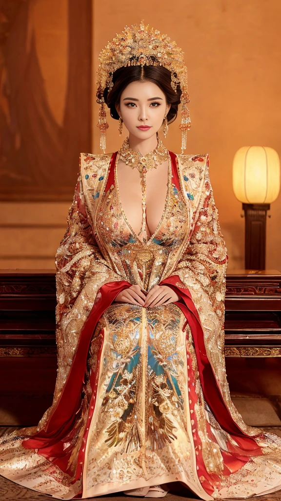 Best quality, masterpiece, detail, intricate detail, realistic cinematic lighting, (fantasy art: 1.6), (seiza: 1.1), (front: 1.2), upright, royal, majestic, queen, (huge and golden throne: 1.4), crown, close-up front, solemn, throne, upright posture, seriousness, dignity, gaze ahead, contemplation, jewelry, solo, divine ray, a girl, gold and red dress, golden palace,(((Full Body))),(cute face:1.15),(huge breasts:1.2)