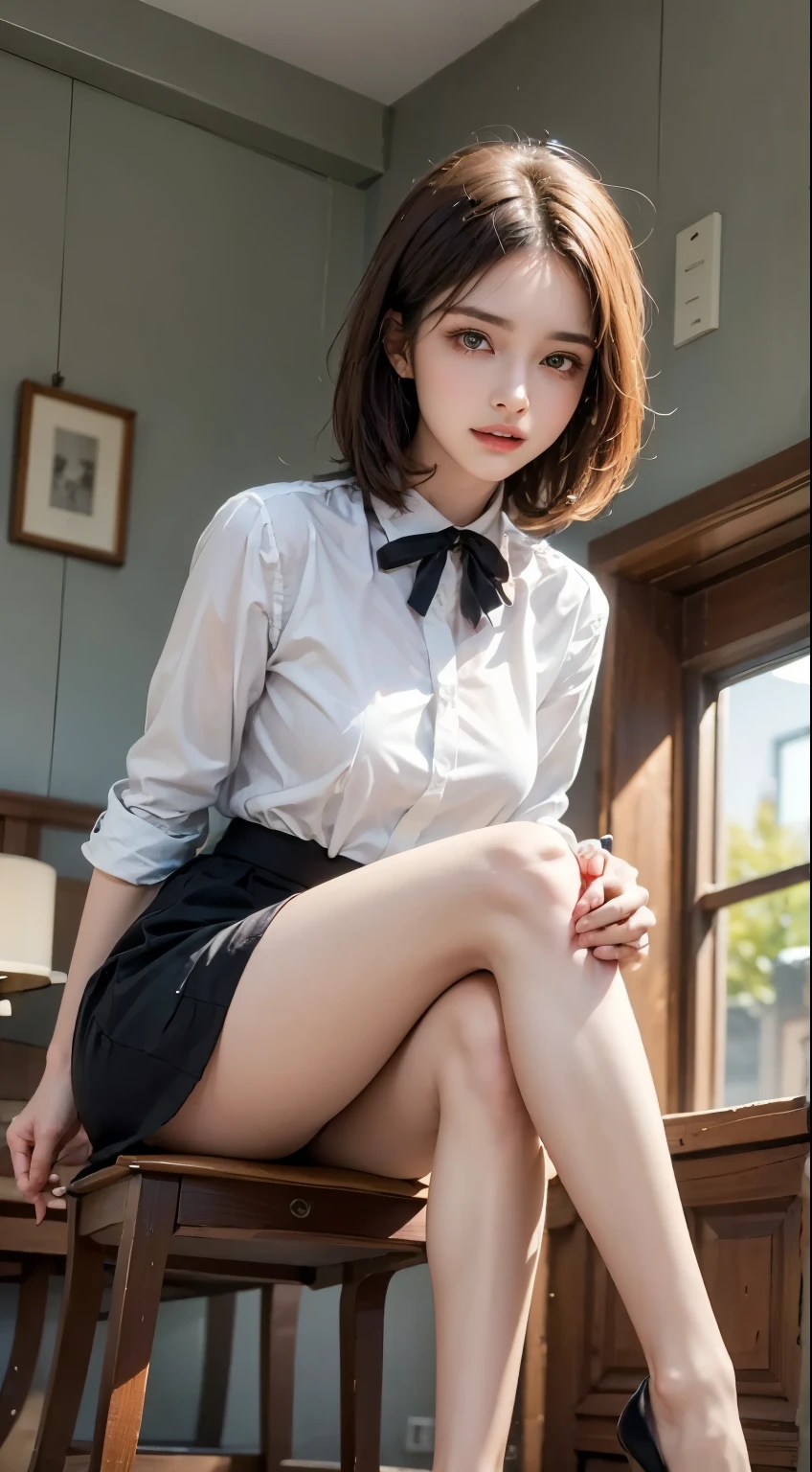 (8K, highest quality, masterpiece:1.2), (actual, realistic:1.37), Super detailed,
1 girl,Lovely, alone,beautiful and detailed sky,Cafe details,sitting,obsolete,(smile:1.15),(please keep your mouth shut) small breasts,beautiful and delicate eyes,(collared shirt:1.1), white shirt, pleated skirt,black领,black,white lace, beautiful feet,(super realistic pantyhose:1.3), button suddenly opens
(Short hair details:1.2),flowing hair ,new frog style,,white skin,light,Bedroom,bedridden