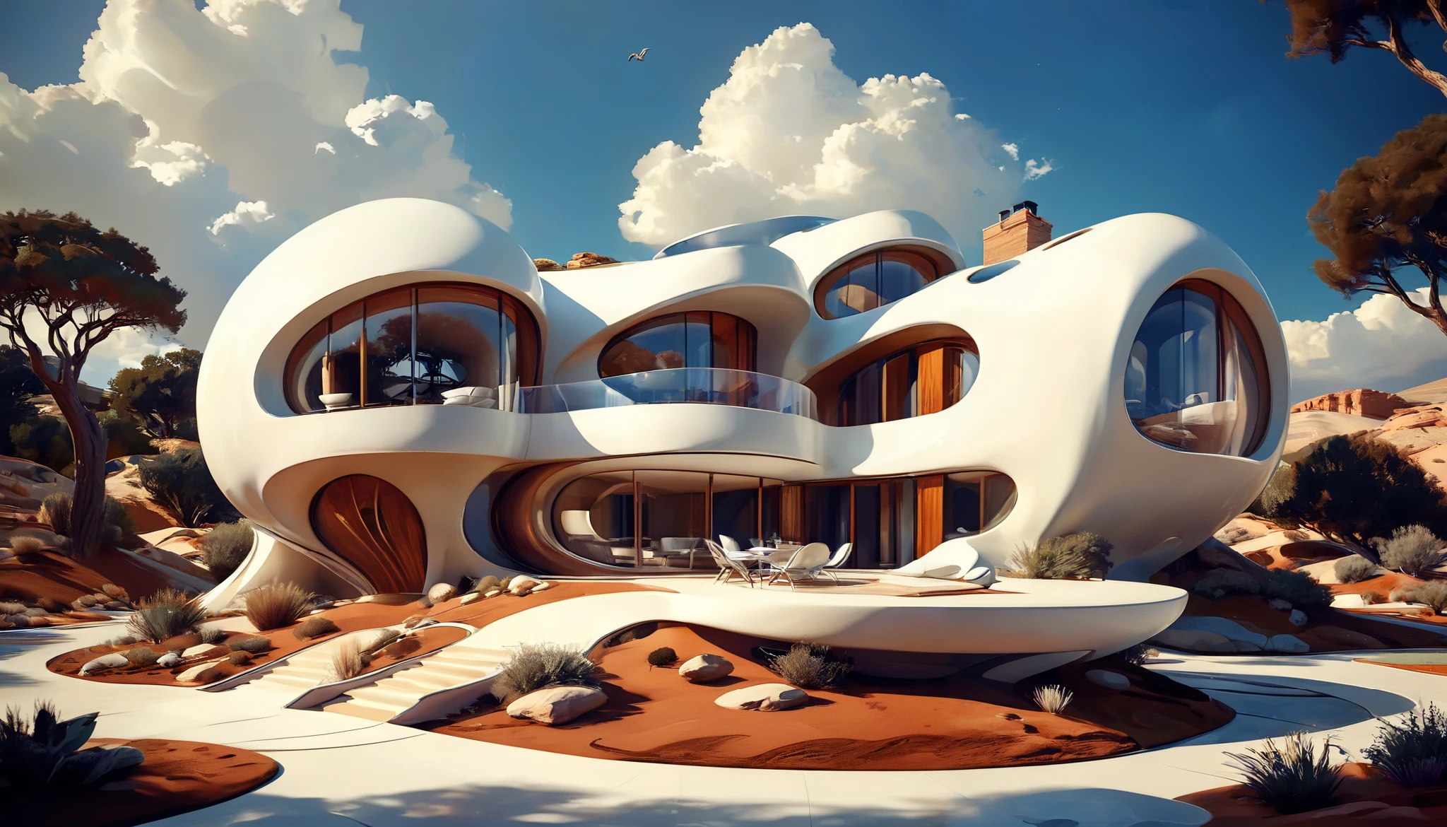 architectural study concept for futuristic homes incorporating organic fluidity rounded and geometric forms in harmony using artistic imaginitive license for a rendered house and landscape, 