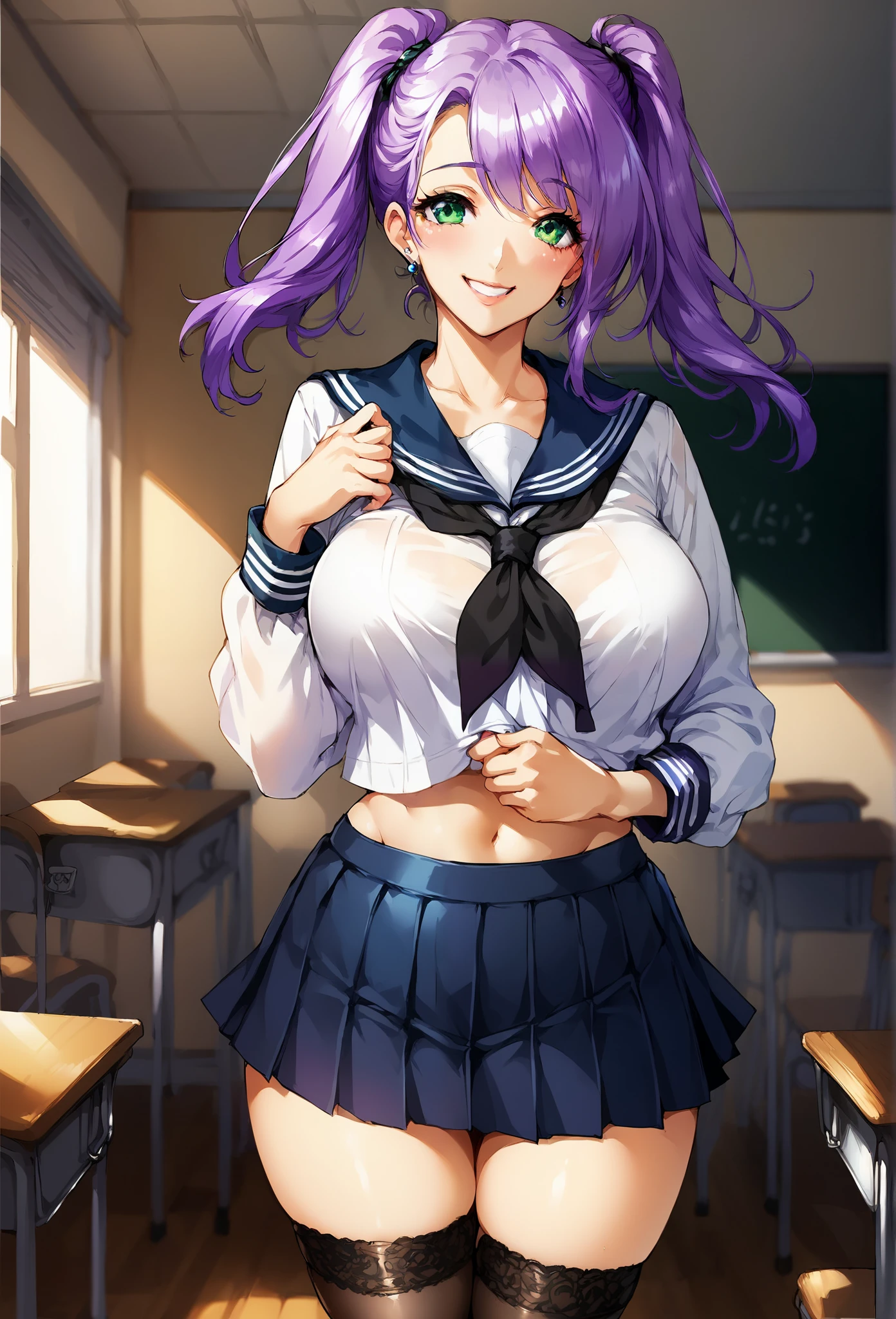 score_9, score_8_up, score_7_up,1girl, mature female, violet hair, green eyes, twintails, sailor style, pleated skirt, classroom, smile, happy, shy, solo, slim and curvy body, thigh high sock