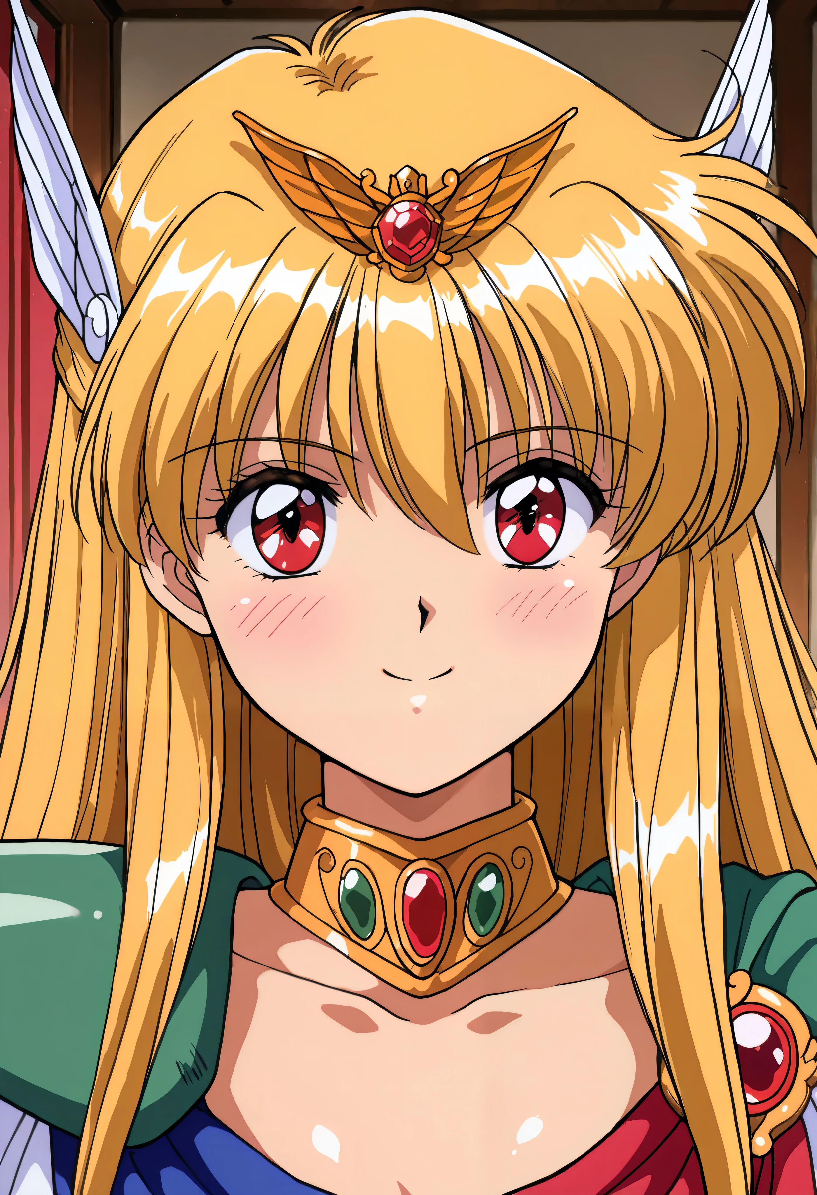 absurd, (absurd_resolution), masterpiece, best quality, (best illustration), (best shadow), ultra-High resolution, score_9, score_8_up, score_7_up, BREAK source_anime, 1girl, solo, perfect body, shiny skin, shiny skin, perfect eyes, detail1eye, well-defined fingers, well-defined fingernails, anime style, indoors, upper body, (portrait:1.5), looking at viewer, facing viewer, smile, blush, magical_princess, akazukin chacha, 1girl, red eyes, blonde hair, long hair, very long hair, bangs, hair between eyes, hair ornament, wing hair ornament, jewelry, Dollsuit,