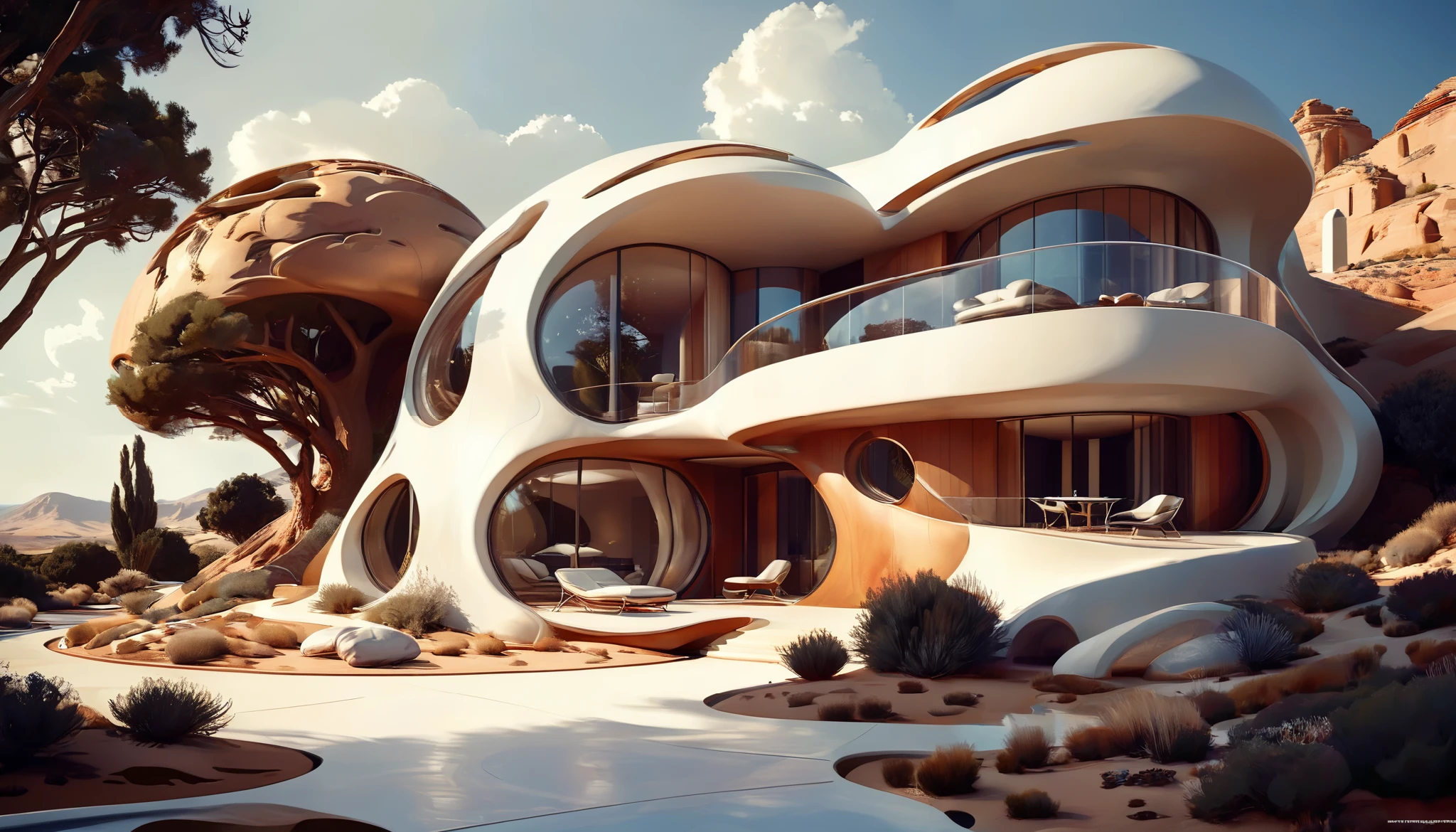 architectural study concept for futuristic homes incorporating organic fluidity rounded and geometric forms in harmony using artistic imaginitive license for a rendered house and landscape,