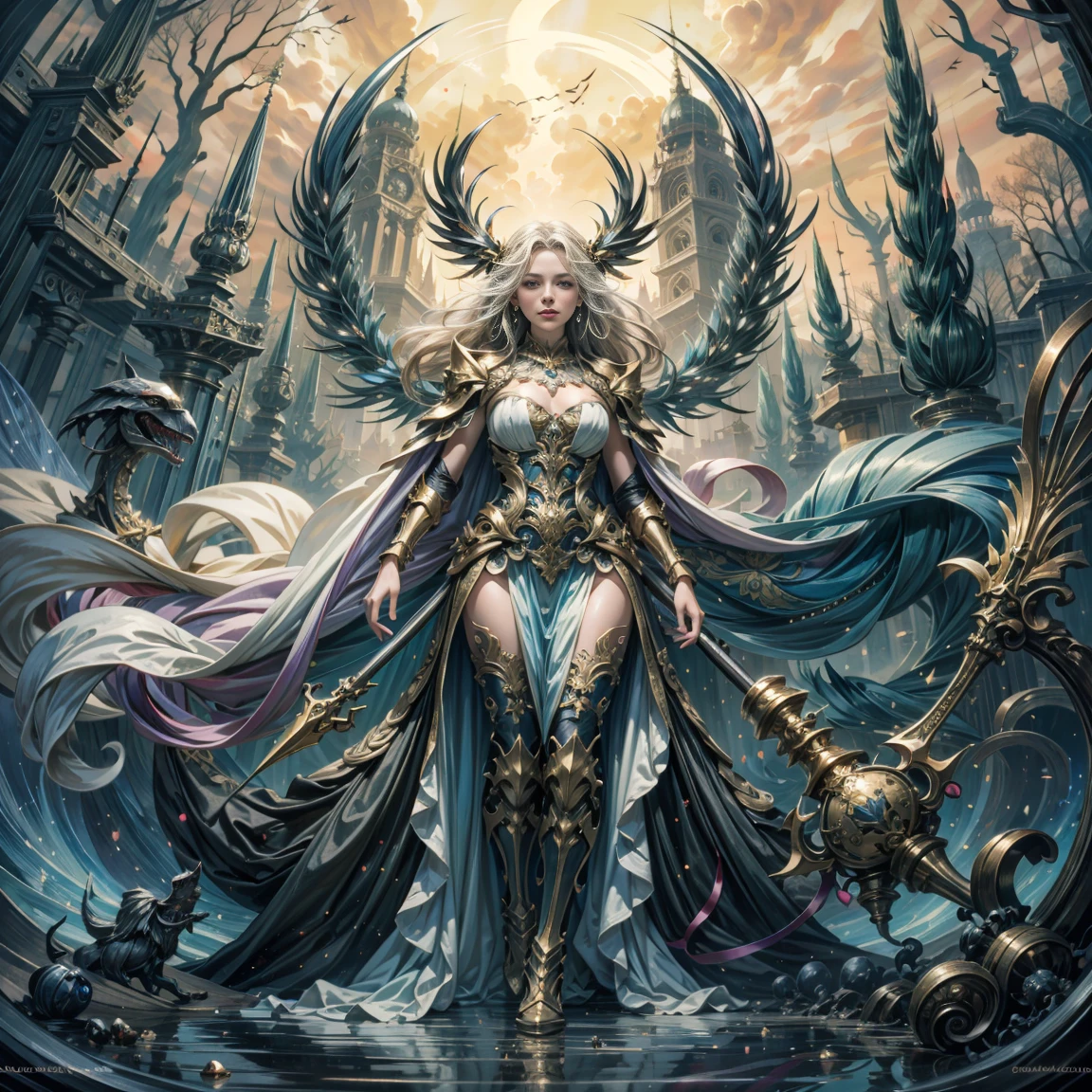 (((highest image quality, best quality, masterpiece, transcendent beauty))), the most detailed skin, back, profile, huge demon castle, post-apocalyptic world, mandala