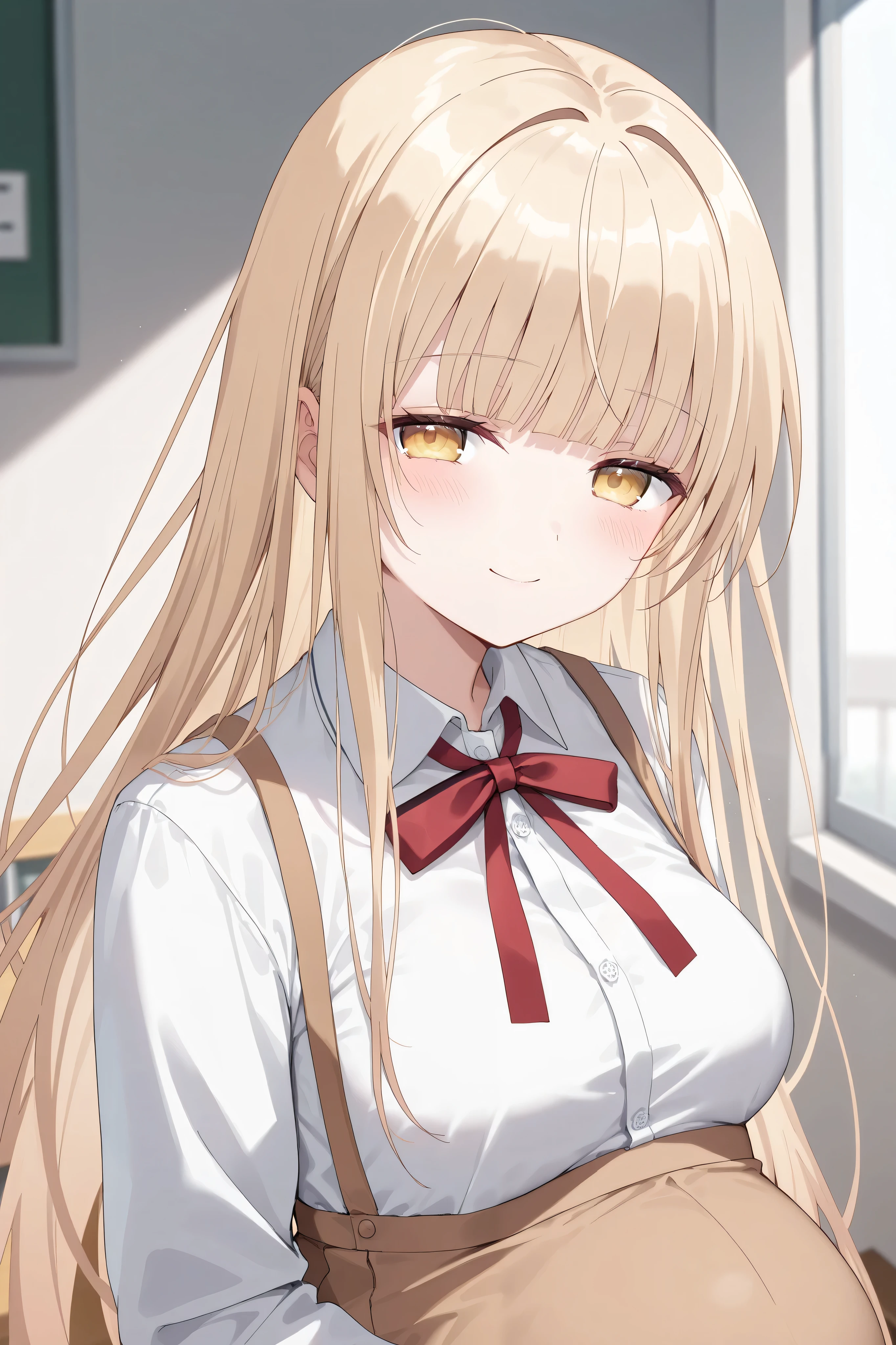 (Best quality, 4k, 8k, high resolution, masterpiece:1.2), ultra detailed, intricate details,SOLO,beautiful girl, alone, school uniform, middle hair, blond hair, blunt bangs,caramel-colored eyes, small-medium breasts, red ribbon tie, blush, perfect smooth skin, looking at viewer, Smile lightly, half closed eyes,head tilted, (Pregnant:1.0), Mahiru Shiina, Otonari no Tenshi
