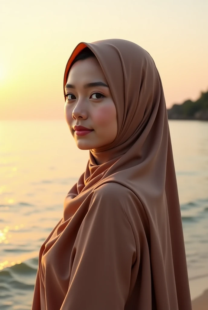 1girl, Solo, High Resolution, Masterpiece, Textured Skin, white skinned, young women, 20 years old, hijab, a beautiful young Indonesian woman, wearing a blue shirt and hijab sits on a concrete barrier along a coastal road. The road stretches out behind her, cars driving along it, with lush green foliage beyond.  The ocean is visible in the distance, a soft sunset casting a warm glow over the scene. The sky is filled with soft, fluffy clouds.