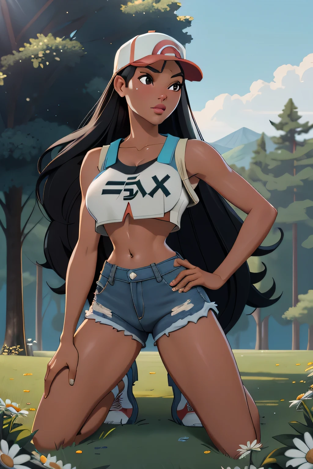 1girl in, 18, Pocahontas Waifu, photo of perfect woman, miniature ferry, Solo, Aesthetic artwork, (long hair, very long straight black hair:1.25), (clear skin, tanned skin, large breasts, DD-cup, runners body, very thin waist, skinny, petite, detailed skin texture), (under boob, shot from behind, arched back), (she is wearing a Pokemon trainer cosplay, White ball cap, black vest, white tube top, Daisy Duke shorts), wide open field, holding a pokeball, kneeling on the grass, splits kneeling, legs apart, trees in the distance, (extremely detailed 8k wallpaper), soft lighting, high quality, film grain, Fujifilm XT3 sharp focus, f 5.6, 50mm, High Detail, Sharp focus, (natural light), crazy details, complex details, hyper detailed. (cowboy photo:1.2), light particles, sfw