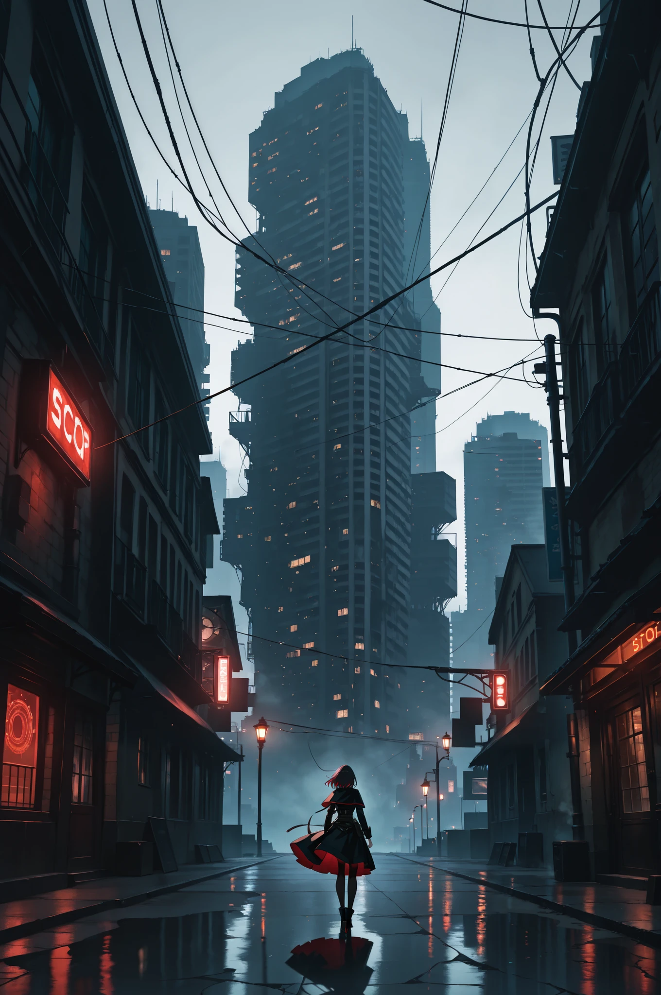 abandoned city,dystopia,foggy,gothic steampunk, masterpiece,ultra quality,extreme detailed,absurdres,time stop,impact,volumetric lighting,cinematic lighting ,masterpiece, best quality, amazing quality, very aesthetic, absurdres, newest, highly detailed,high-resolution,