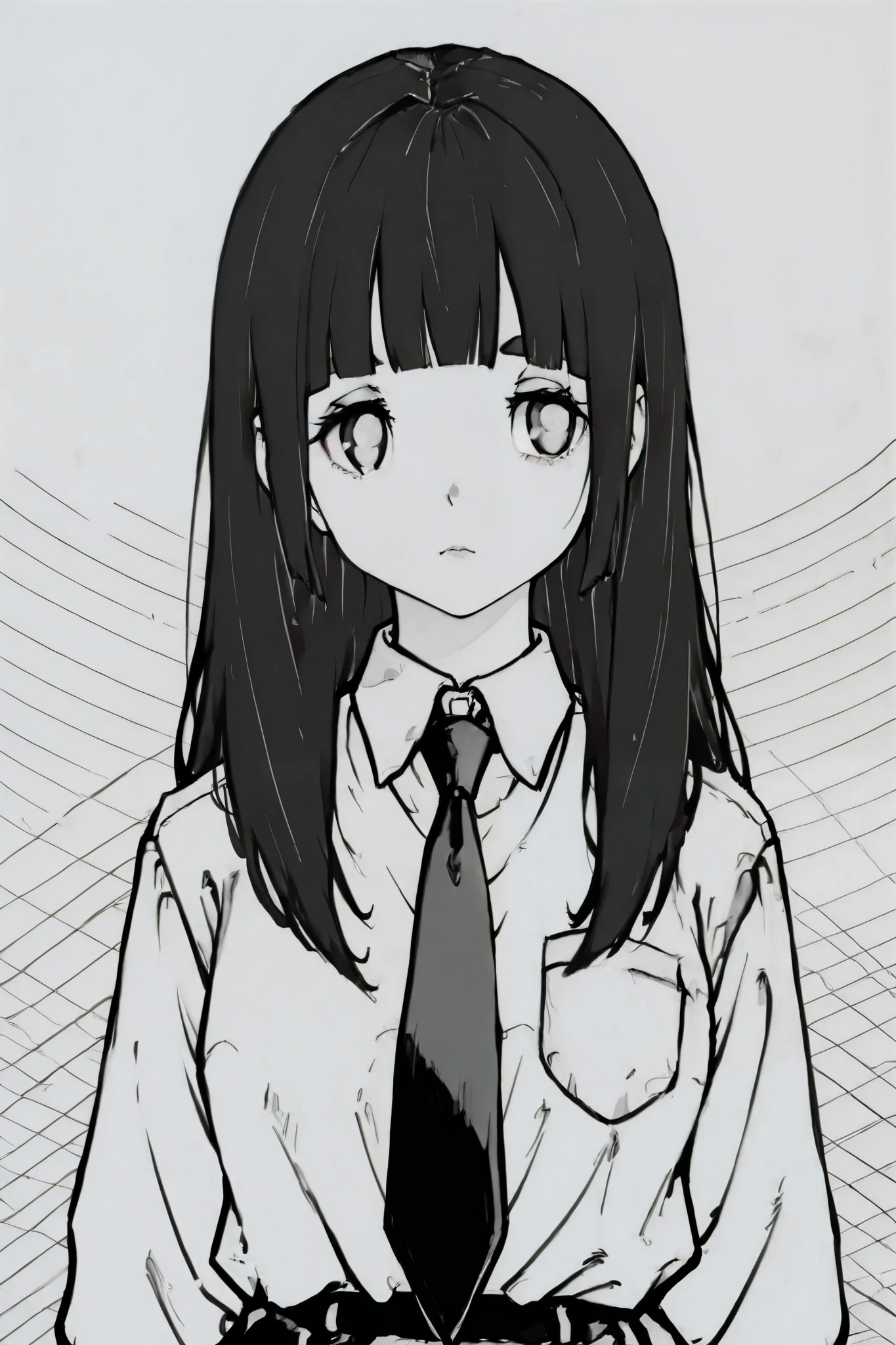 score_9, score_8_up, score_7_up, score_6_up, score_5_up, score_4_up,  
BREAK
(masterpiece: 1.0), best quality, perfect anatomy, perfect composition, perfection, 
BREAK
line-art, lineart, monchrome, greyscale, masterpiece. kdm style, no color
BREAK
1girl, deadpan face, flat nose, flat lips, almond shaped eyes, blunt bangs,shoulder length hair, school shirt, school tie, school skirt, black eyes, black hair