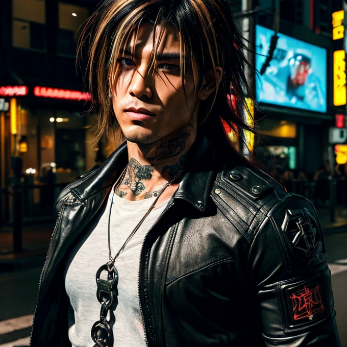 a painting of a Johnny Depp, background, style Cyberpunk 2077, band of gold round his breasts
