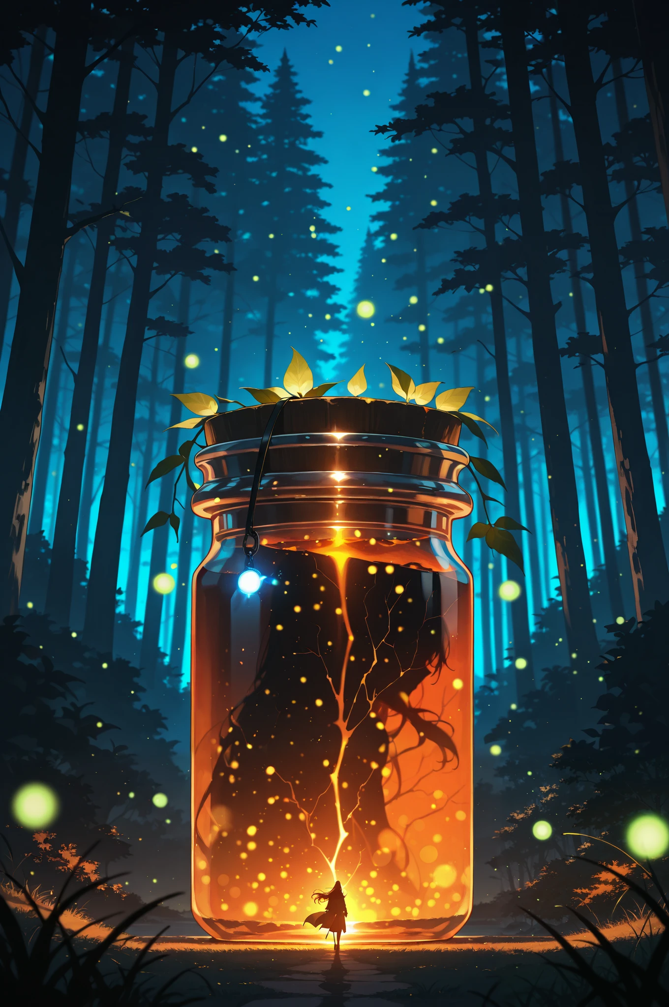 a dimly lit enchanting forest at night, mason jar glowing with ethereal fireflies, mesmerizing otherworldly atmosphere, highly detailed, 8k, dramatic lighting, fantasy, magical, mystical, bokeh, lush foliage, dramatic shadows, cinematic composition, warm color tones,masterpiece, best quality, amazing quality, very aesthetic, absurdres, newest, highly detailed,high-resolution,