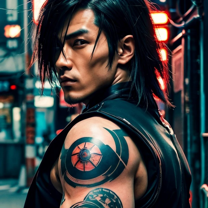 cinematic photo of a cyberpunk street samurai, neon tattoos illuminating his skin, wielding a plasma katana in the bustling underbelly of Neo-Tokyo, cinematic, 4k, 8k uhd, dslr, soft lighting, high quality, film grain