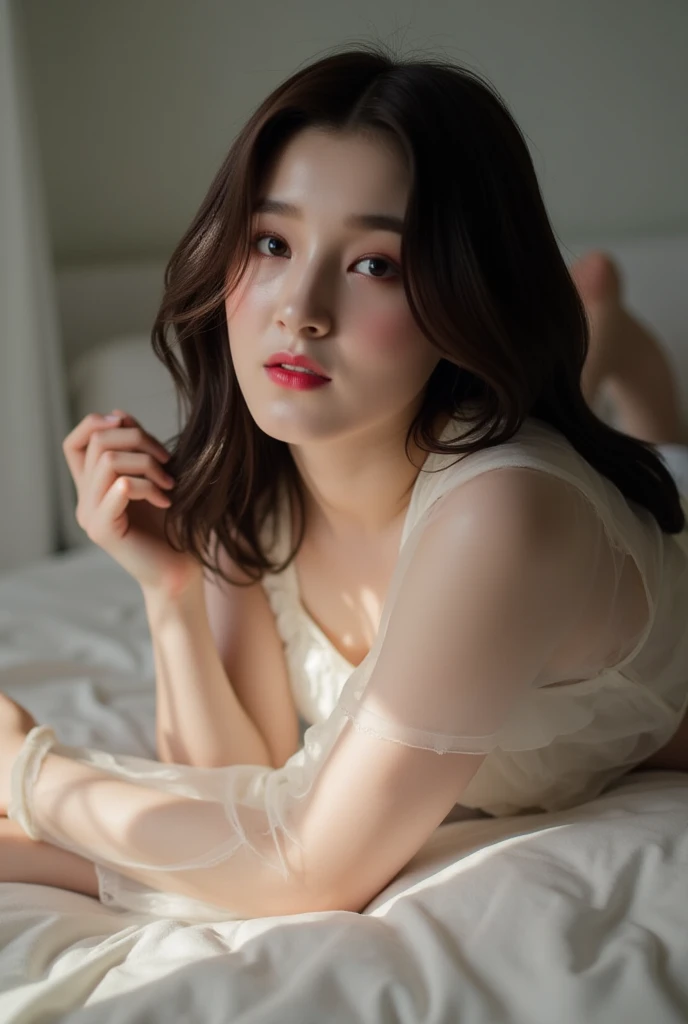 Korean girl naked one shoulder top lying down