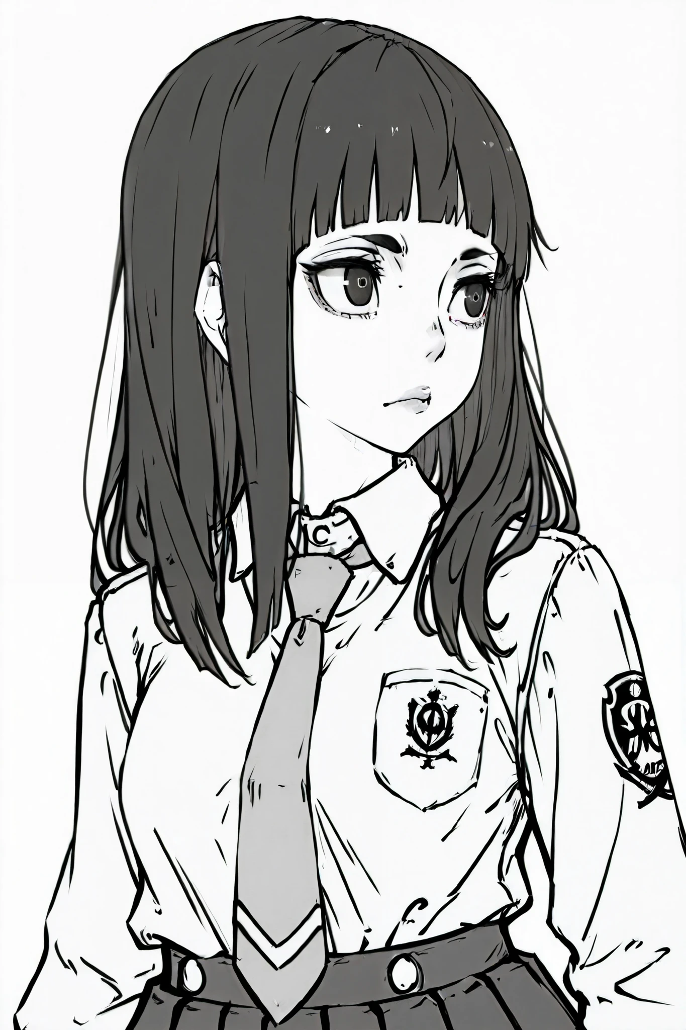 score_9, score_8_up, score_7_up, score_6_up, score_5_up, score_4_up,
BREAK
(masterpiece: 1.0), best quality, perfect anatomy, perfect composition, perfection,
BREAK
line-art, lineart, monchrome, greyscale, masterpiece. kdm style, no color
BREAK
1girl, deadpan face, flat nose, flat lips, almond shaped eyes, blunt bangs,shoulder length hair, school shirt, school tie, school skirt, black eyes, black hair