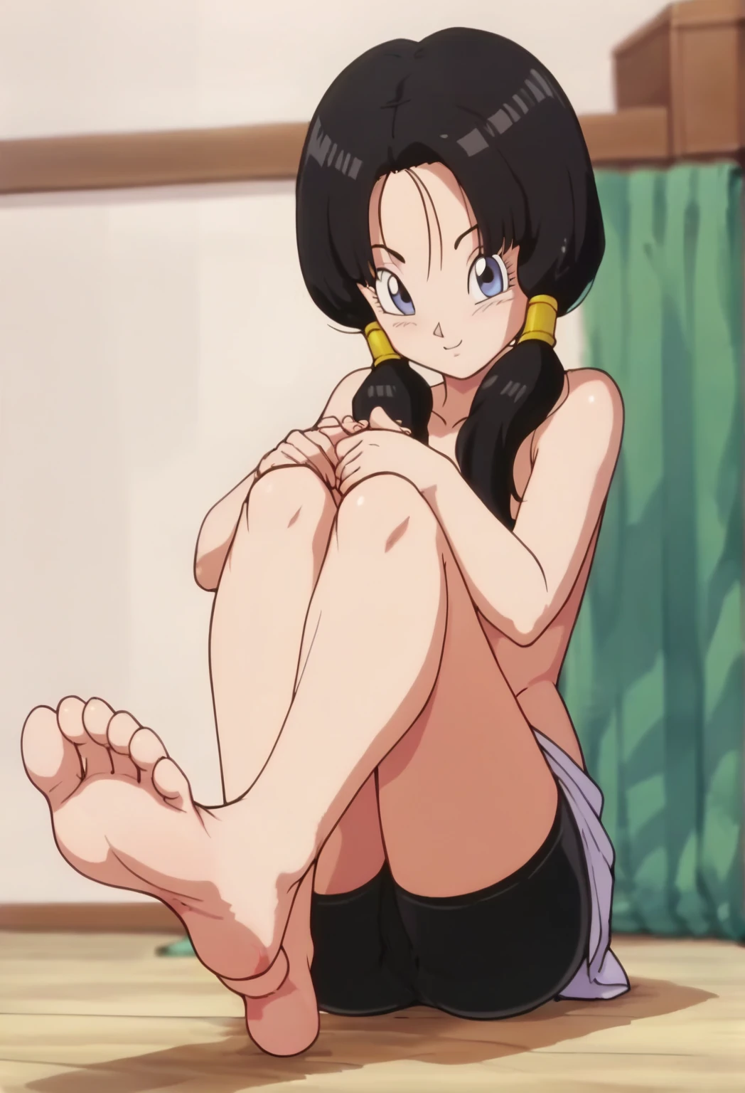 source_anime, score_9, score_8_up, score_7_up, anime screencap,
videldbz, 1girl, solo, looking at viewer, long hair, blue eyes, black hair, ponytails, (((standing split))), (((pussy))), thick thighs, white shirt, contry side, fingerless gloves, ashamed, blushing