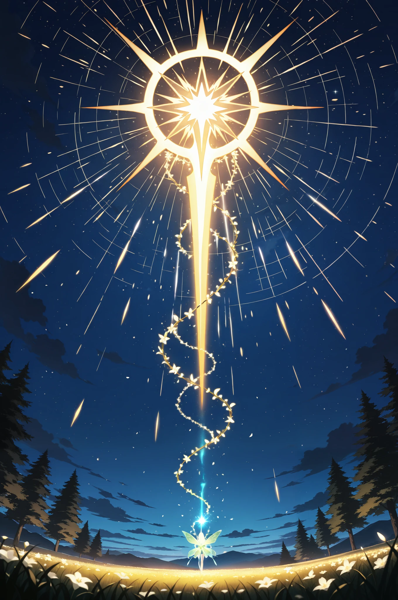 Magical midnight forest in anime style, with glowing flowers, fairy lights, and a luminous moon casting a soft glow. The cool, mystical tones create an enchanting ambiance, complemented by twinkling stars in the sky. The scene is serene and otherworldly, with no human figures.,masterpiece, best quality, amazing quality, very aesthetic, absurdres, newest, highly detailed,high-resolution,