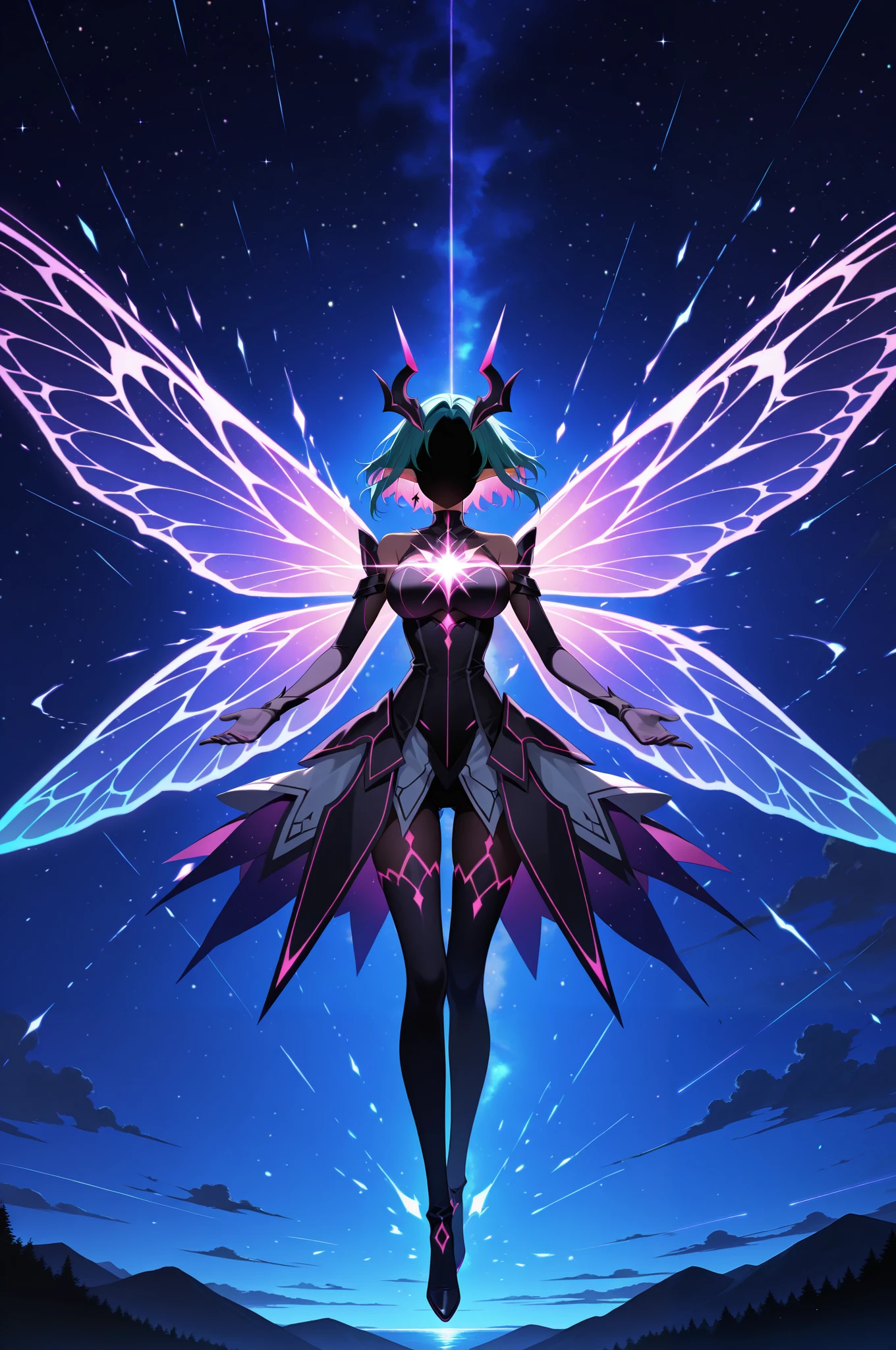 Magical midnight forest in anime style, with glowing flowers, fairy lights, and a luminous moon casting a soft glow. The cool, mystical tones create an enchanting ambiance, complemented by twinkling stars in the sky. The scene is serene and otherworldly, with no human figures.,masterpiece, best quality, amazing quality, very aesthetic, absurdres, newest, highly detailed,high-resolution,