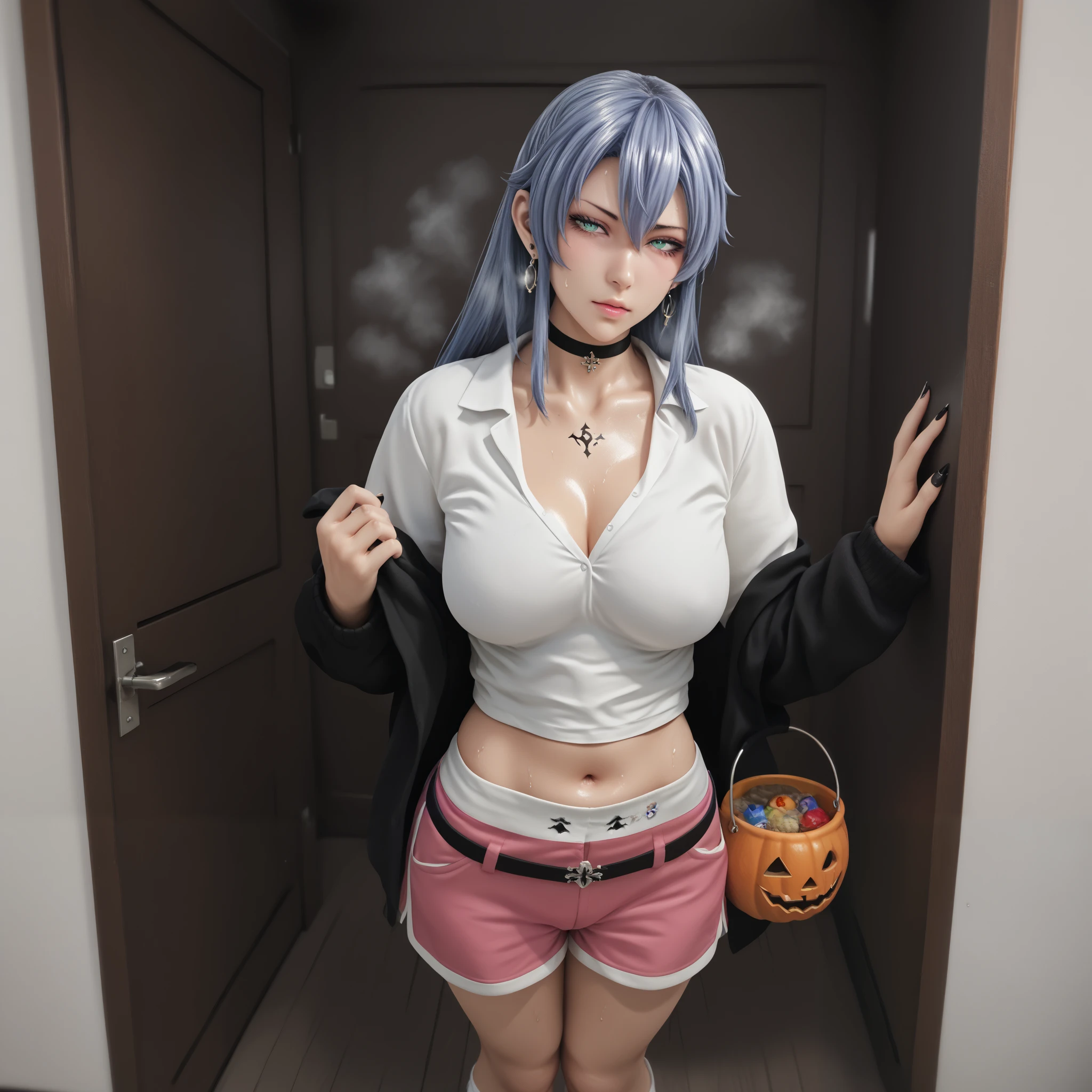 hero neisan style, Score_9, Score_8_up, Score_7_up, bouqtm, 1girl, aqua eyes, esdeath \(akame ga kill\), blue hair, long hair, military hat, choker, tattoo on chest, anime coloring, anime screencap, shiny skin, (voluptuous:1.3), (thick:1.3), BREAK UHD, retina, masterpiece, accurate, anatomically correct, textured skin, super detail, high details, high quality, award winning, best quality, highres, 4K, black nails, makeup, eyelashes, excessive sweating, sweating, sweating drop, (gasping, heavy breathing:1.3), (skindentation:1.2), perfect eyes, beautiful eyes, eyelashes, makeup, detailed body, perfect body, BREAK, 1girl, solo, breasts, halloween, navel, sweatdrop, looking_at_viewer, jewelry, earrings, halloween_costume, large_breasts, closed_mouth, collarbone, bucket, doorway, standing, heavy breathing, gasping, sweating, excessive sweating, sweating drop, plump, seductive sweating, half-closed eyes, BREAK COSTUME, white shirt, long sleeves, black cardigan, dolphin shorts, short shorts, pink shorts, midriff peek, thigh belt, at bedroom,