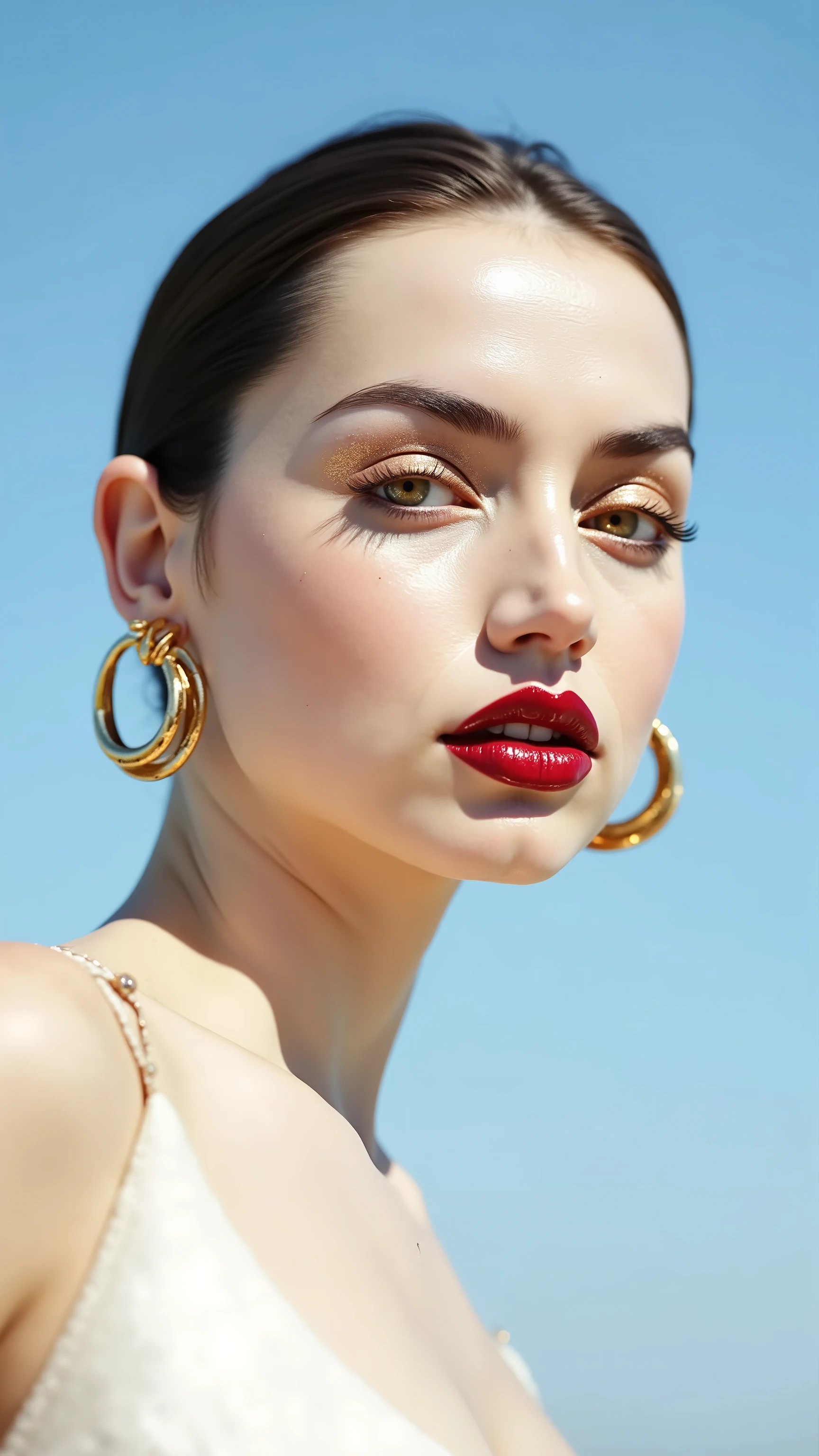 A hyper-detailed, avant-garde photograph featuring a striking woman with pale light skin against a clear, light blue sky. Her  low-angle mid shot highlights the smooth texture of her flawless complexion. Shimmering metallic eyeshadow enhances the depth of her piercing gaze, while her glossy, deep red lips create a bold contrast to her skin. Large, intricately detailed golden hoop earrings reflect light, contributing to her modern allure. She is fully  The reflective surfaces of her earrings and outfit create a dynamic interplay with the environment, emphasizing her sleek presence. The minimalist background allows the viewer to focus on her eye-catching fashion and makeup. Captured with a Sony A7R IV camera and a 50mm f/1.2 G Master lens for a beauty editorial shoot, this composition highlights her fashion-forward aesthetic. Inspired by avant-garde fashion photography from Sølve Sundsbø, this image blends contemporary fashion and minimalist elegance, embodying mythp0rt and niji_flux styles for a sleek, high-fashion vision. ((glow_skin, iridescent skin, oily skin, portrait)). ((no logo))