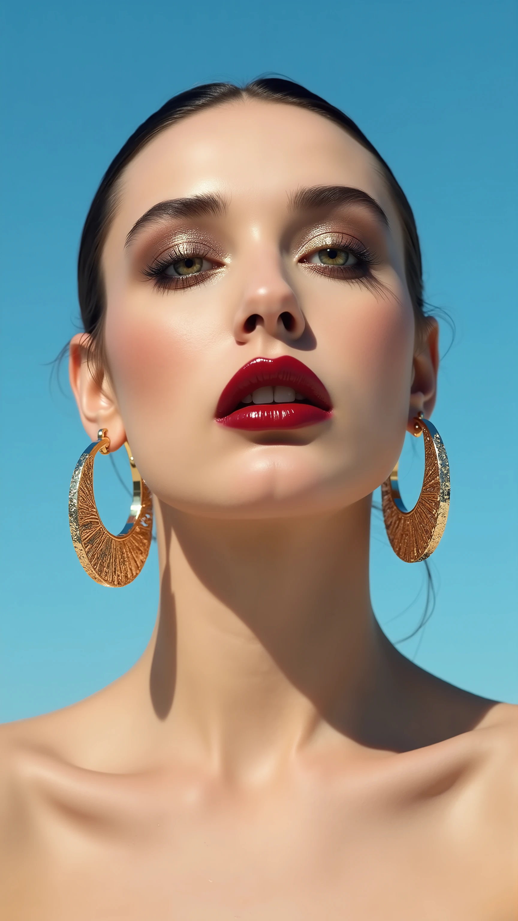 A hyper-detailed, avant-garde photograph featuring a striking woman with pale light skin against a clear, light blue sky. Her nude low-angle mid shot highlights the smooth texture of her flawless complexion. Shimmering metallic eyeshadow enhances the depth of her piercing gaze, while her glossy, deep red lips create a bold contrast to her skin. Large, intricately detailed golden hoop earrings reflect light, contributing to her modern allure. She is fully naked The reflective surfaces of her earrings and outfit create a dynamic interplay with the environment, emphasizing her sleek presence. The minimalist background allows the viewer to focus on her eye-catching fashion and makeup. Captured with a Sony A7R IV camera and a 50mm f/1.2 G Master lens for a beauty editorial shoot, this composition highlights her fashion-forward aesthetic. Inspired by avant-garde fashion photography from Sølve Sundsbø, this image blends contemporary fashion and minimalist elegance, embodying mythp0rt and niji_flux styles for a sleek, high-fashion vision. ((glow_skin, iridescent skin, oily skin, portrait)). ((no logo))