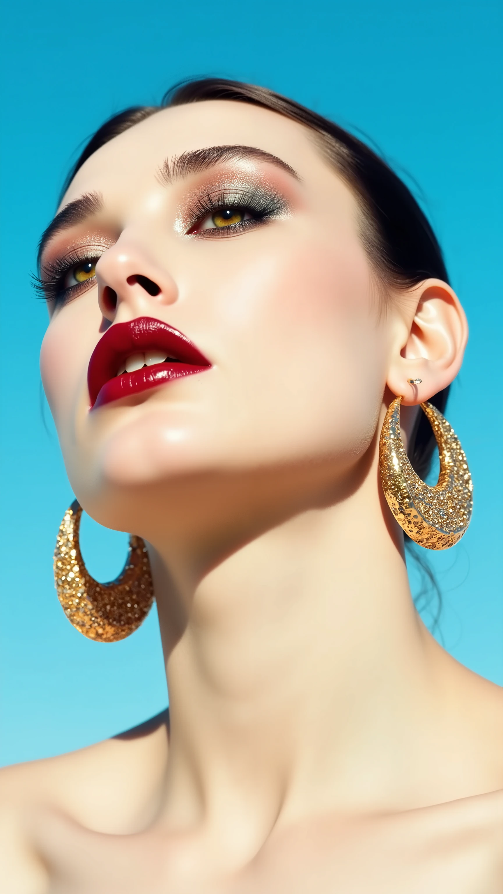 A hyper-detailed, avant-garde photograph featuring a striking woman with pale light skin against a clear, light blue sky. Her nude low-angle mid shot highlights the smooth texture of her flawless complexion. Shimmering metallic eyeshadow enhances the depth of her piercing gaze, while her glossy, deep red lips create a bold contrast to her skin. Large, intricately detailed golden hoop earrings reflect light, contributing to her modern allure. She is fully naked The reflective surfaces of her earrings and outfit create a dynamic interplay with the environment, emphasizing her sleek presence. The minimalist background allows the viewer to focus on her eye-catching fashion and makeup. Captured with a Sony A7R IV camera and a 50mm f/1.2 G Master lens for a beauty editorial shoot, this composition highlights her fashion-forward aesthetic. Inspired by avant-garde fashion photography from Sølve Sundsbø, this image blends contemporary fashion and minimalist elegance, embodying mythp0rt and niji_flux styles for a sleek, high-fashion vision. ((glow_skin, iridescent skin, oily skin, portrait)). ((no logo))