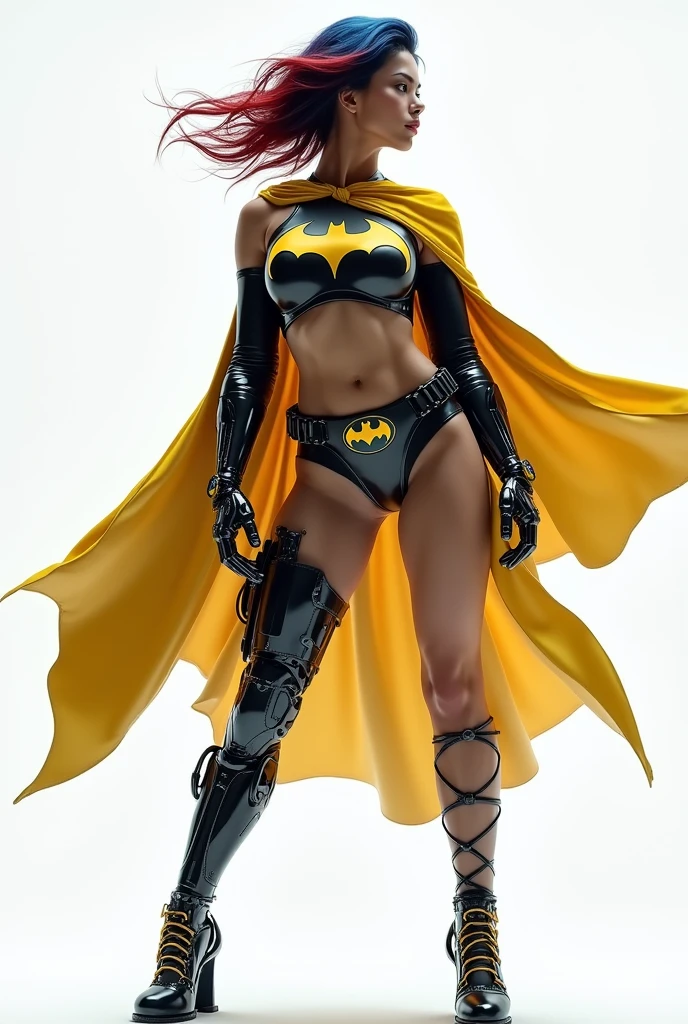 1girl, superhero, leotard, bare legs, matching boots, standing, solo focus, belt, hands on hip, full body shot, mature lady, blonde hair, bob hair, office