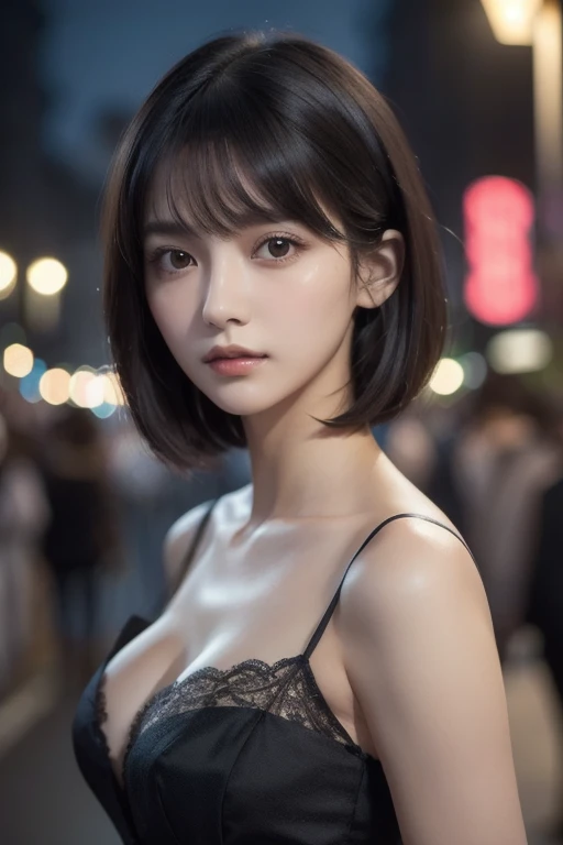 beautiful girl, Black Eyeshadow, (Urban Background:1.2), Heavy makeup, Digital Art, Trending on Art Station, highly detailed, The finer details, Complex, beautiful detailed glow, detailed, Cinematic Light, High resolution, detailed facial features,Sharp focus, Smooth, beautiful, Highest quality, masterpiece, 超High resolution, (Realistic:1.4), Beautiful woman, ((Big Breasts)), (((Short Bob))), Beautiful Skin, Fine skin,