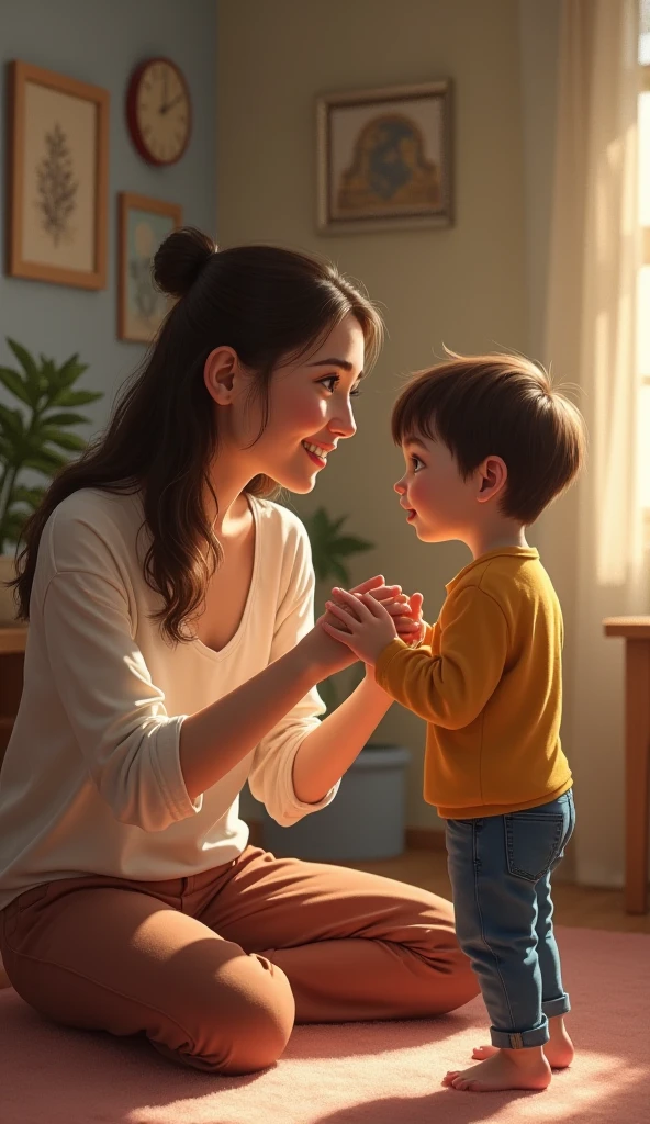 A curvy nanny in jeans greets a child