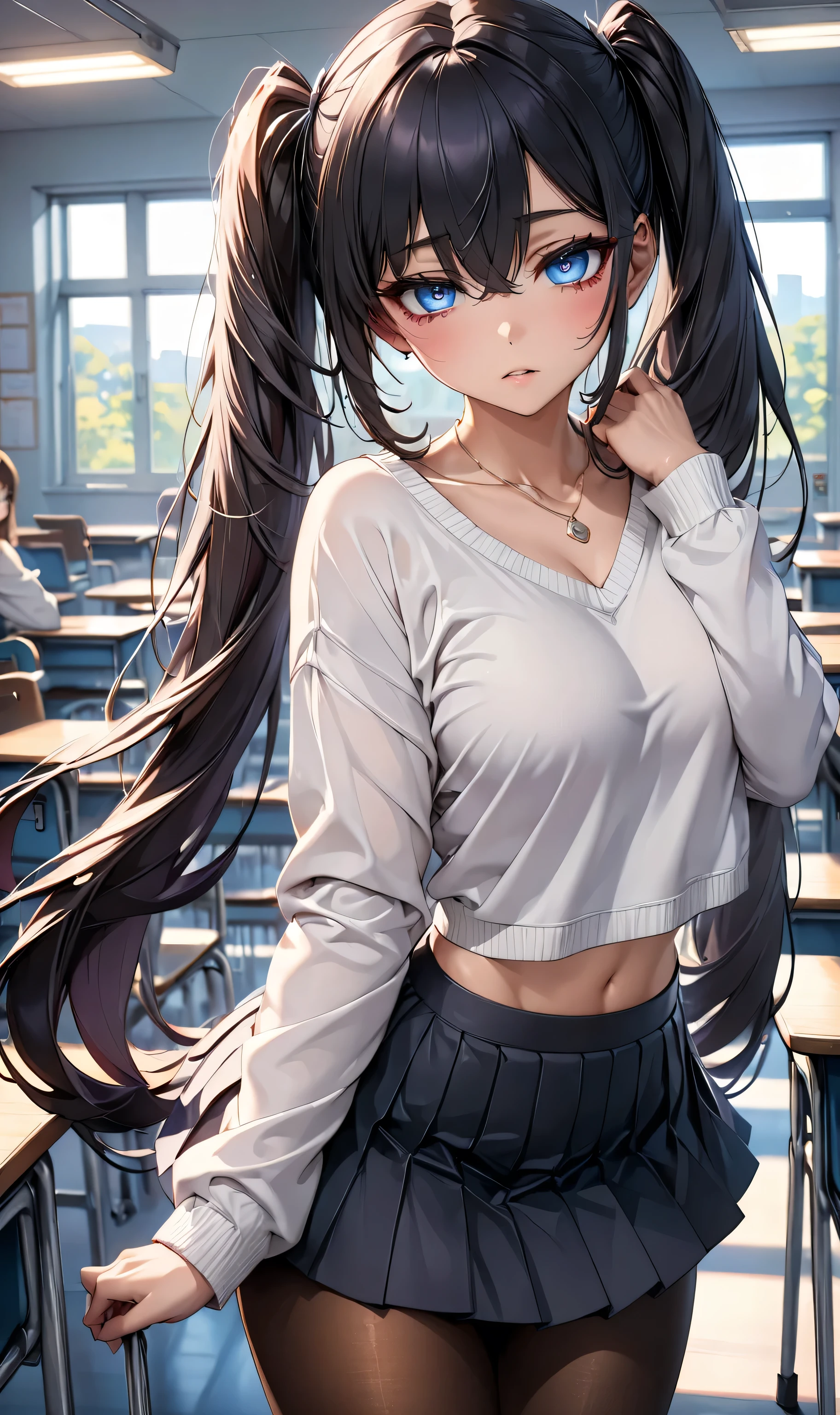 , ((Random sexy pose)), (perfect anatomy), Mastepiece、Ultra High Quality、 8k、masterpiece、Best Quality、Ultra-high resolution、Maximum resolution、Very detailed、Professional Lighting、anime、woman with 、thin、so beautiful、(((Highly detailed eyes)))、(((Very beautiful eyes)))、Highly detailed face、Black Hair, Purple eyes, Long Hair, Twin tail hair, Crop top sweater , Skirt, pantyhose、Wearing neckless、Random Pause、Classroom