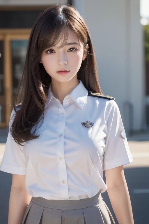 ((school uniform)),ribbon at neck,(school uniform and ((navy skirt)) and white shirt:1.1), Skin color, big , smile, (8k, RAW Photos, Highest quality, masterpiece:1.2), masterpiece, super detailed, super high quality, (Realistic and Realistic photography:1. 37), High-resolution RAW color photos, Very delicate and beautiful, highly detailed, 8k壁紙, wonderful, detailed, Very eye, very detailed, very detailed skin, very thin fingers, very detailed nose, very detailed mouth, Perfect Anatomy, Upper Body, studio, Soft lighting, A full-body shot of a cute idol wearing a one-piece swimsuit, Playful pose, Hands on hips, smile, Pastel Background, Realistic, Attention to detail, studio photography