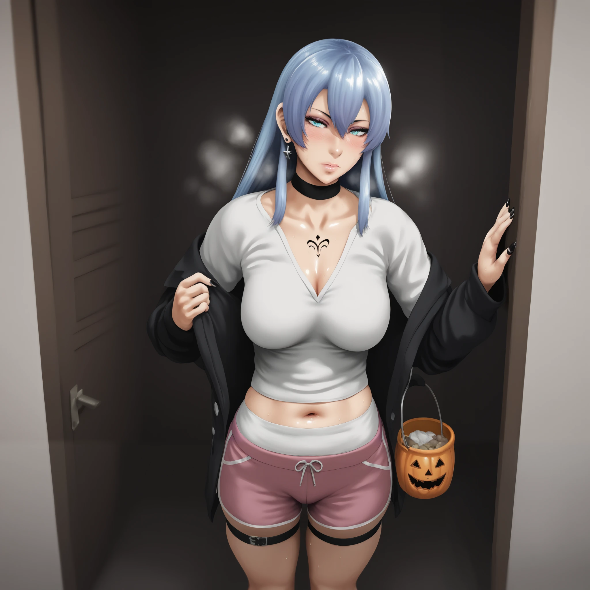 hero neisan style, Score_9, Score_8_up, Score_7_up, bouqtm, 1girl, aqua eyes, esdeath \(akame ga kill\), blue hair, long hair, military hat, choker, tattoo on chest, anime coloring, anime screencap, shiny skin, (voluptuous:1.3), (thick:1.3), BREAK UHD, retina, masterpiece, accurate, anatomically correct, textured skin, super detail, high details, high quality, award winning, best quality, highres, 4K, black nails, makeup, eyelashes, excessive sweating, sweating, sweating drop, (gasping, heavy breathing:1.3), (skindentation:1.2), perfect eyes, beautiful eyes, eyelashes, makeup, detailed body, perfect body, BREAK, 1girl, solo, breasts, halloween, navel, sweatdrop, looking_at_viewer, jewelry, earrings, halloween_costume, large_breasts, closed_mouth, collarbone, bucket, doorway, standing, heavy breathing, gasping, sweating, excessive sweating, sweating drop, plump, seductive sweating, half-closed eyes, BREAK COSTUME, white shirt, long sleeves, black cardigan, dolphin shorts, short shorts, pink shorts, midriff peek, thigh belt, at bedroom,