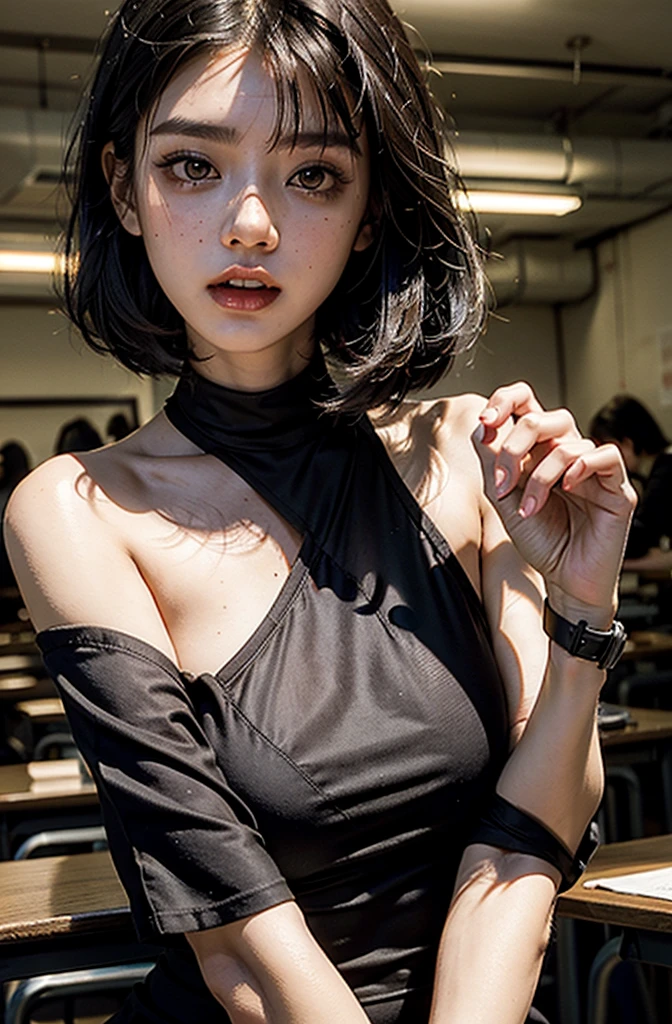 Surreal、A masterpiece of delicate and detailed line drawing、Highest quality、Highest quality、(One Woman、16 years old、(Big Breasts:1.3), (Big Ass:1.3)、(Black Hair、Hime cut, short hair:1.2)、(Natural Makeup、Eyelash extensions、Draw eyelashes sharply、Eyebrows are thin and short、Deep orange blush:1.1)、(Spaced out、Looks sleepy、Open your mouth、cheeks turn a little red:1.2)、(Simple black hair accessories、Gothic dress with exposed chest:1.3))、Dark Rose Gardens、Purple Rose、(Blur the background:1.3)、(Top view of the subject:1.1)、Photo from thigh up