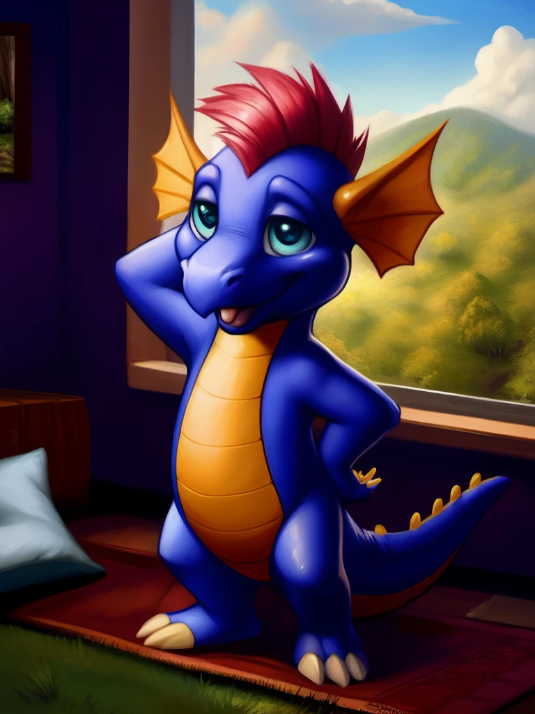 ,  Blue eyes, blue body, yellow belly, Mohawk purple , (Chibi),  
Standing,  wry smile ,  hand on the hip,  hand behind your head ,  tongue on one side , sly look,  touching himself,,  high angle view ,  
[  large window , (Naturaleza), forest, grass, day , clouds, flores, blanket, blue Pillows, candles, bed, Pillows, ]  
 ( beautiful, aesthetic, perfect, Delicate, intricate),  masterpiece,  digital drawing ,  envelopes,    
por taran fiddler,  by cynicalstarr , by personal,