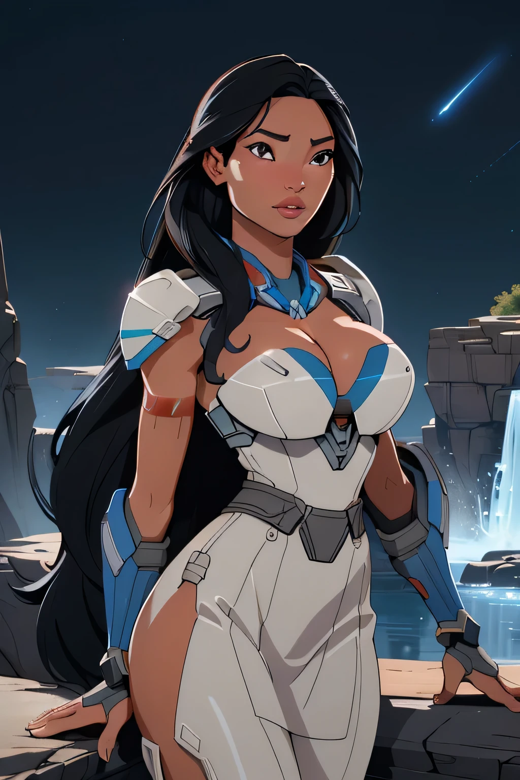 1girl in, age18, Pocahontas Waifu, photo of perfect woman, miniature ferry, Solo, Aesthetic artwork, (long hair, very long straight black hair:1.25), (clear skin, tanned skin, large breasts, DD-cup, runners body, very thin waist, skinny, petite, detailed skin texture), (cleavage, focus on breasts:1.2), (she wears Andromeda initiative armor, full armor from Mass effect, Mass effect armor, Cora Harper cosplay: 1.22), (detailed starfield background:1.1), valley, overlooking waterfall, (extremely detailed 8k wallpaper), soft lighting, high quality, film grain, Fujifilm XT3 sharp focus, f 5.6, 50mm, High Detail, Sharp focus, (natural light), crazy details, complex details, hyper detailed. (cowboy photo:1.2), light particles, sfw