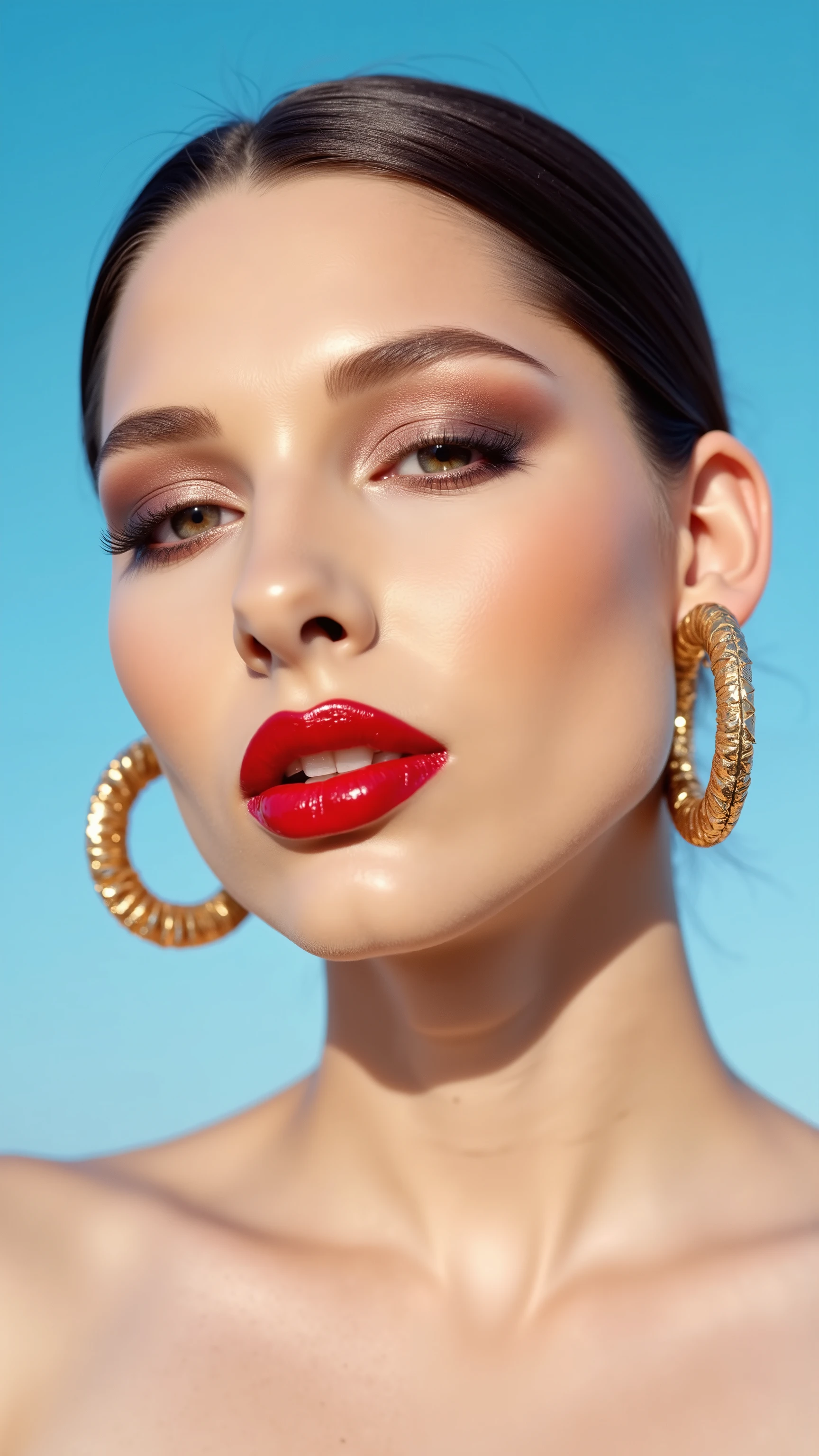 A hyper-detailed, avant-garde photograph featuring a striking woman with pale light skin against a clear, light blue sky. Her nude low-angle mid shot highlights the smooth texture of her flawless complexion. Shimmering metallic eyeshadow enhances the depth of her piercing gaze, while her glossy, deep red lips create a bold contrast to her skin. Large, intricately detailed golden hoop earrings reflect light, contributing to her modern allure. She is fully naked The reflective surfaces of her earrings and outfit create a dynamic interplay with the environment, emphasizing her sleek presence. The minimalist background allows the viewer to focus on her eye-catching fashion and makeup. Captured with a Sony A7R IV camera and a 50mm f/1.2 G Master lens for a beauty editorial shoot, this composition highlights her fashion-forward aesthetic. Inspired by avant-garde fashion photography from Sølve Sundsbø, this image blends contemporary fashion and minimalist elegance, embodying mythp0rt and niji_flux styles for a sleek, high-fashion vision. ((glow_skin, iridescent skin, oily skin, portrait)). ((no logo))