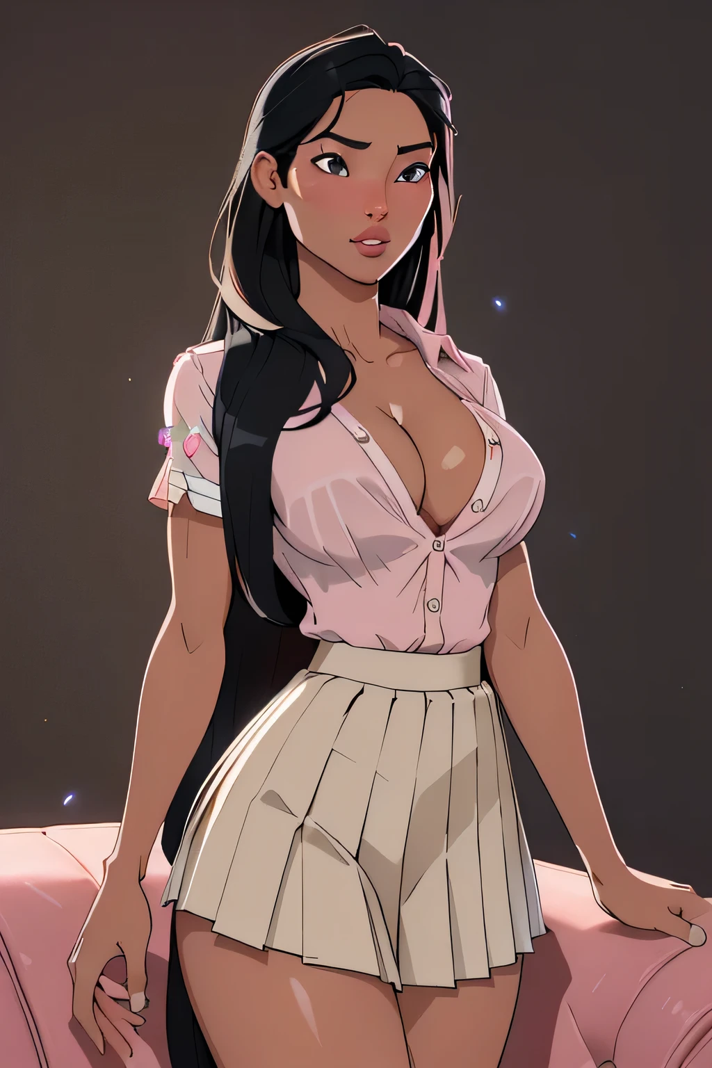 1girl in, age18, Pocahontas Waifu, photo of perfect woman, miniature ferry, Solo, Aesthetic artwork, (long hair, very long straight black hair:1.25), (clear skin, tanned skin, large breasts, DD-cup, runners body, very thin waist, skinny, petite, detailed skin texture), (cleavage, focus on breasts:1.2), (arched back (wearing a short sleeve button down white blouse, unbuttoned, (short pleated skirt pink:1.15), school girl uniform, (detailed living room background:1.1), on a couch, chilling, (extremely detailed 8k wallpaper), soft lighting, high quality, film grain, Fujifilm XT3 sharp focus, f 5.6, 50mm, High Detail, Sharp focus, (natural light), crazy details, complex details, hyper detailed. (cowboy photo:1.2), light particles, sfw
