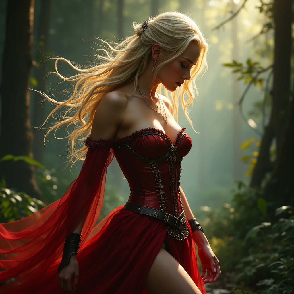 masterpiece, a beautiful elf, (delicate transparent armor), (medium breasts), (perfect body), (blondes, length hair), outside, (Skin texture:1.1), best quality, ultra high resolution, RAW-Foto, Nikon D850, Contre-Jour, rim light, bright sunlight, film grain:1.2, (warm hue, warmer Ton:1.2), (color photo), Fantasy, in a red dream world, red forest, in a red forest, amazing depth, red mood in background, shades of red, photography
