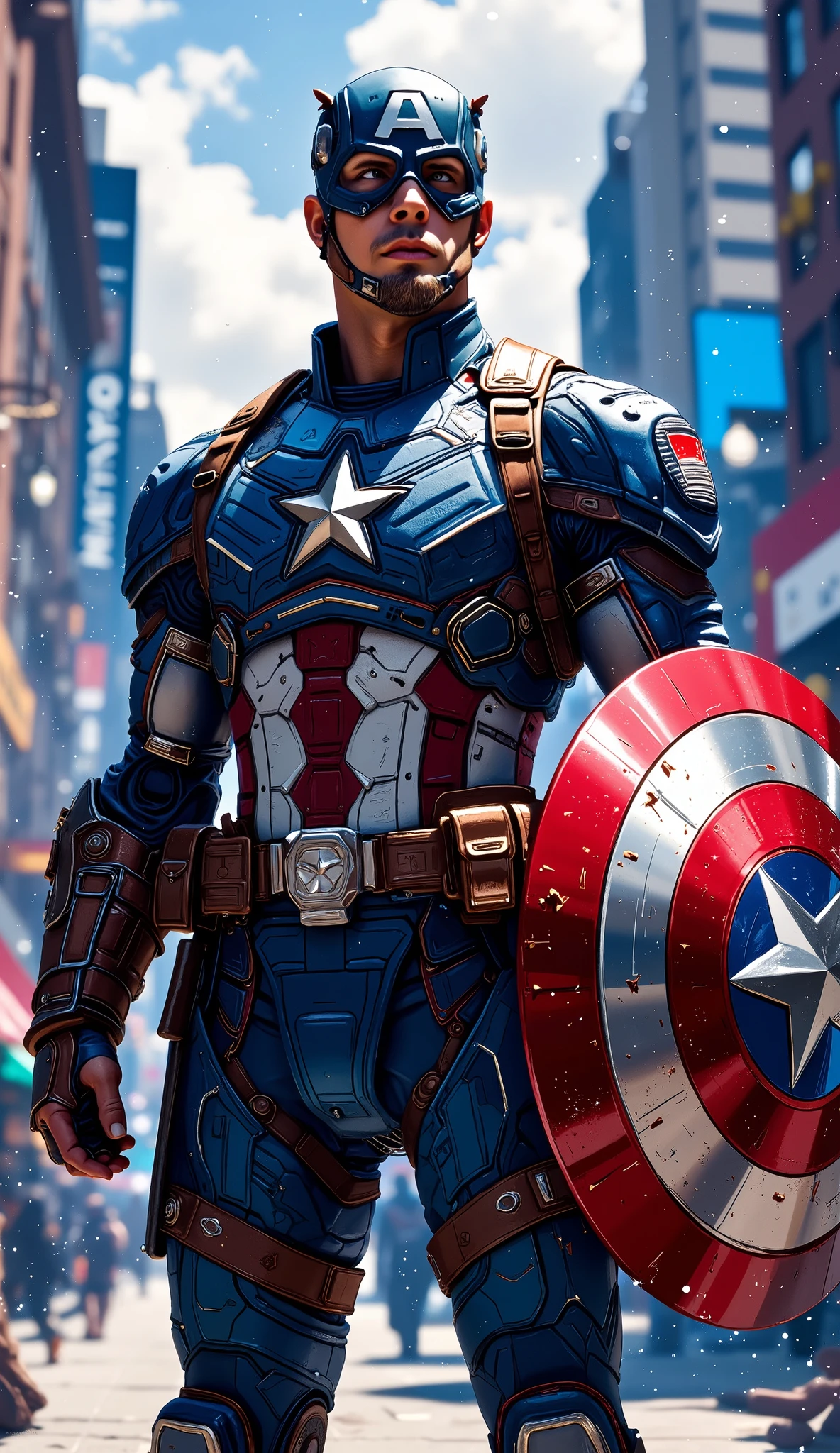 Subject: Captain America
Style: Digital painting, hyperrealistic, cinematic
Setting: City street, possibly post-war era
Details:
Costume:
Classic Captain America suit with the iconic shield, featuring intricate details like the leather straps, buckles, and the texture of the fabric.
Pose:
Standing confidently, holding the shield in front of him, with a determined expression on his face.
Background:
Blurred city street with buildings in the background, adding depth and context to the image.
Lighting:
Soft, natural lighting highlighting Captain America's face and physique.
Example Prompt: "Generate a hyperrealistic digital painting of Captain America in his classic suit, standing on a post-war city street. He should be holding his shield in front of him with a determined expression, looking off camera. The background should be a blurred cityscape with soft, natural lighting."